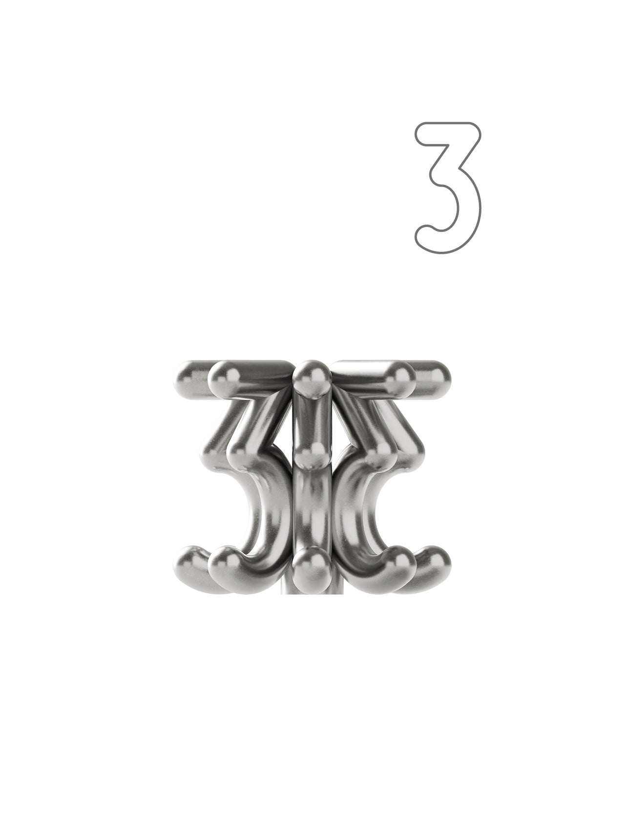 DIGIT THREE Candlestick made of polished silver metal rods forming a modern abstract geometric shape.