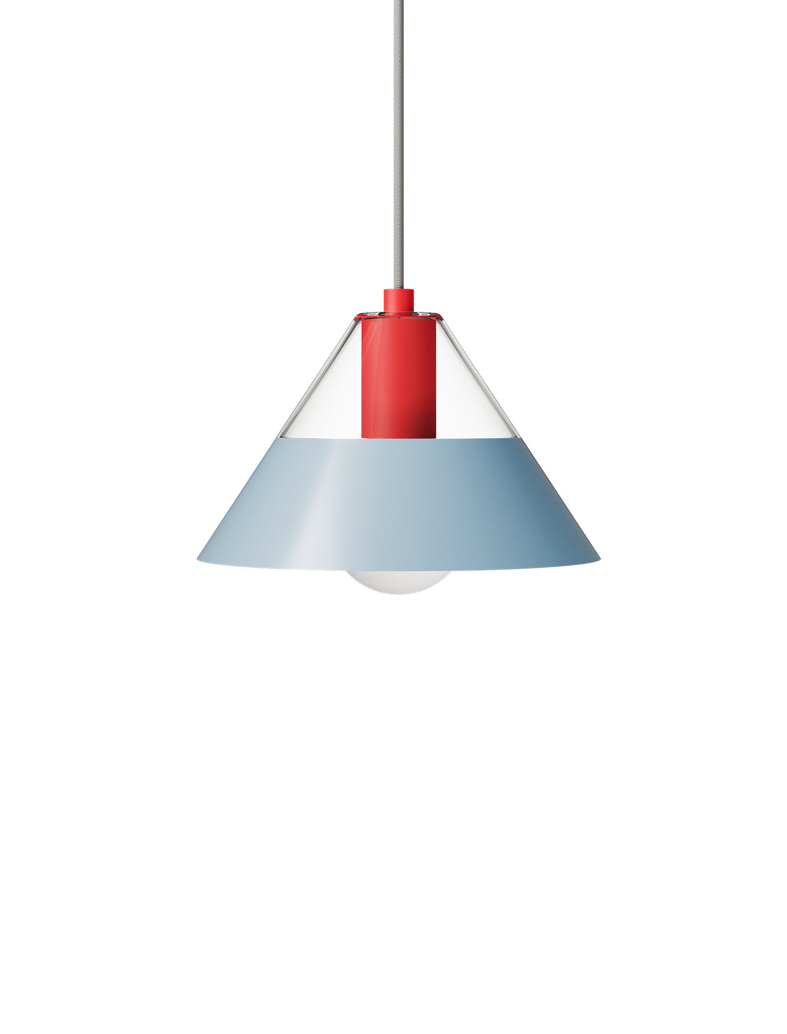FIFTY FIFTY Lamp with red central piece, glass top shade, and blue metal bottom shade providing balanced lighting.