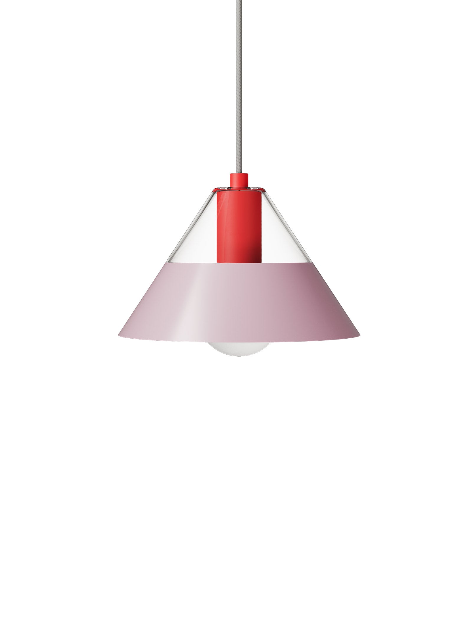 FIFTY FIFTY Lamp with a red top and light pink metal shade, combining warm and focused lighting.