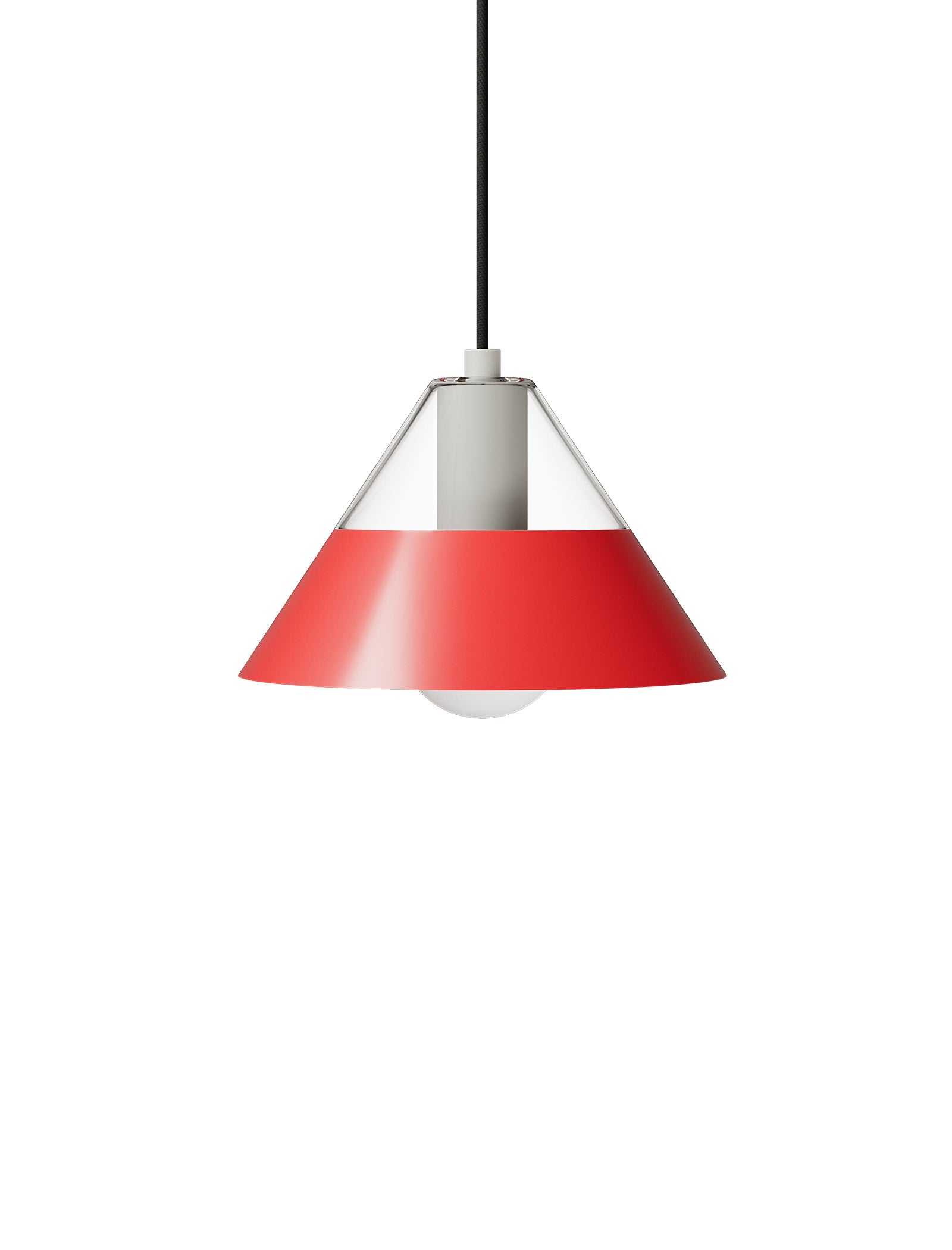 FIFTY FIFTY Lamp with a red metal shade and clear glass top providing warm ambient and focused light.
