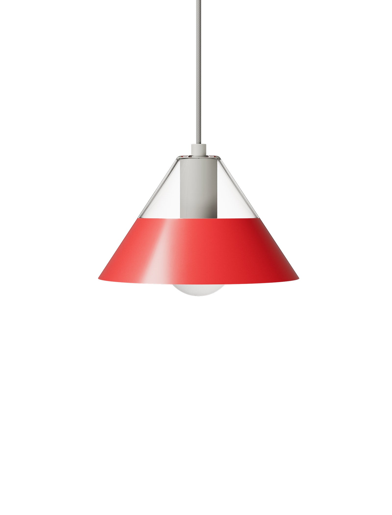 FIFTY FIFTY Lamp with red metal shade and clear glass top, blending warm ambient and focused lighting.