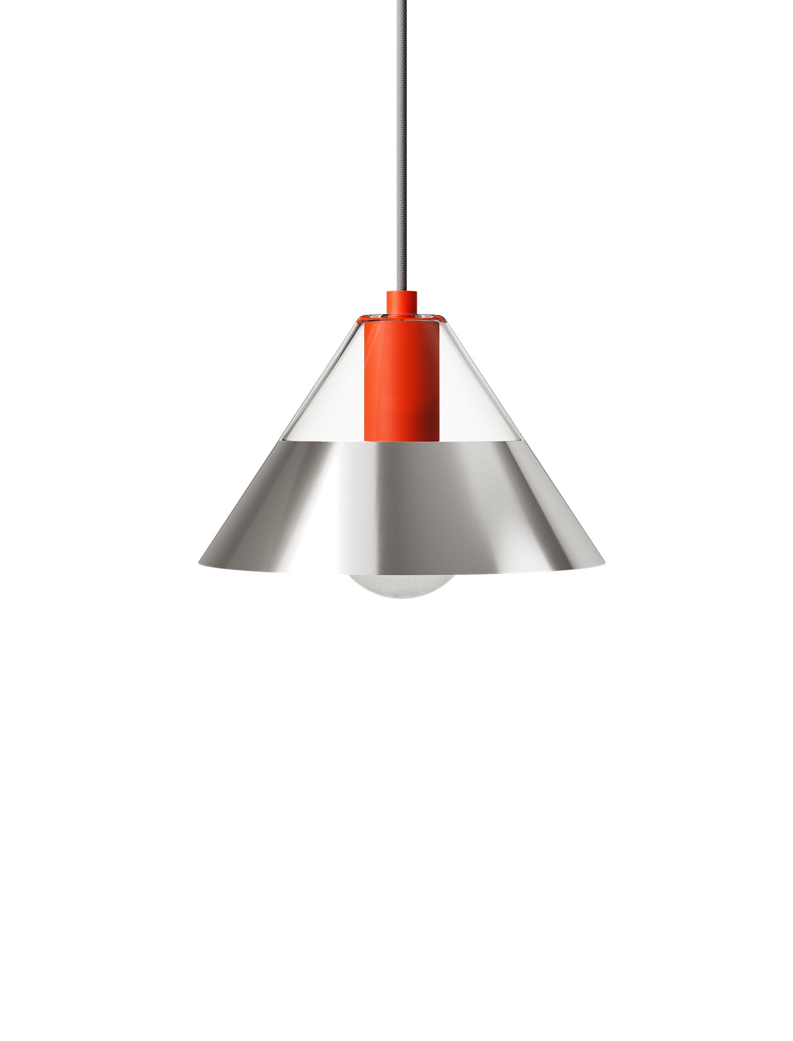 FIFTY FIFTY Lamp with clear glass top and silver metal shade hangs pendant light with red accent.