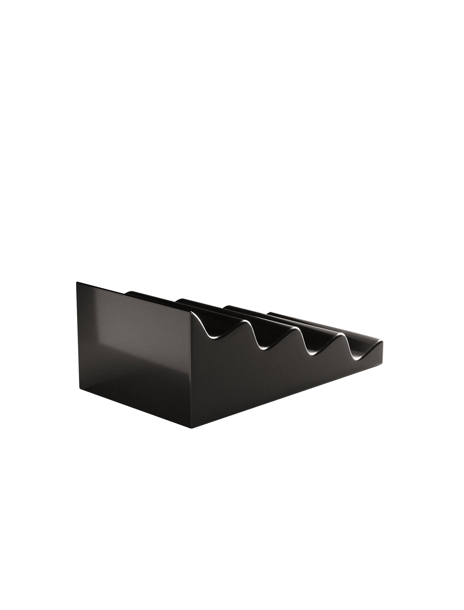 CASCADE Fruit Stand in black ceramic holding fruits separately to prevent bruising and clutter.