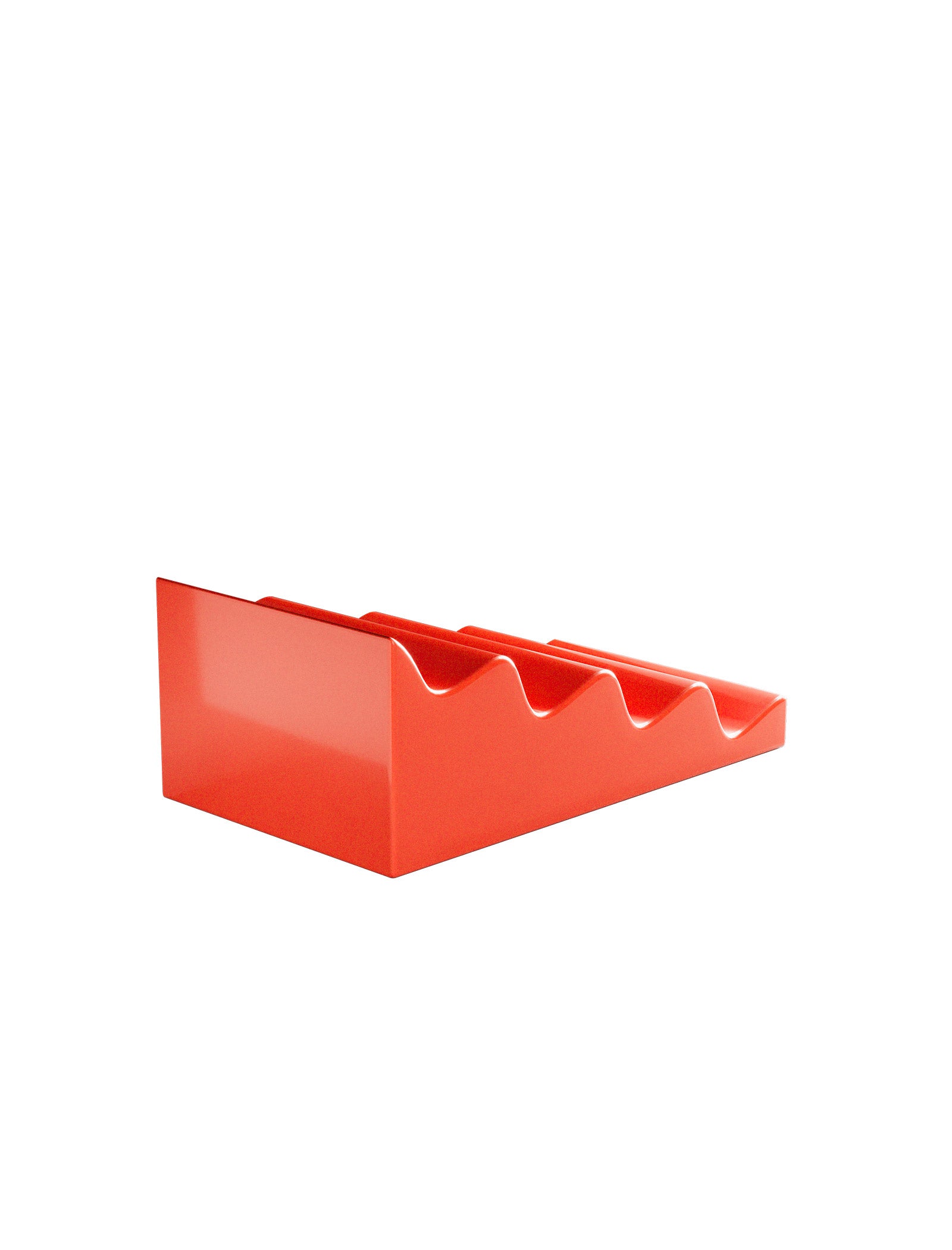 CASCADE Fruit Stand in red ceramic with individual slots to hold and display apples, pears, and more without pressure.