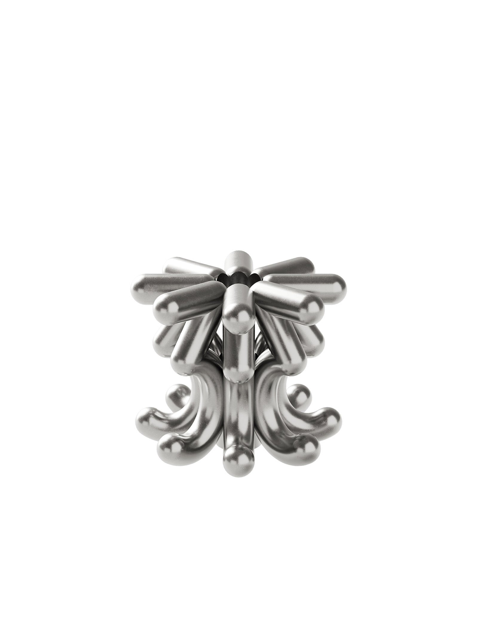 DIGIT THREE Candlestick made of polished silver metal rods forming a modern abstract geometric shape.