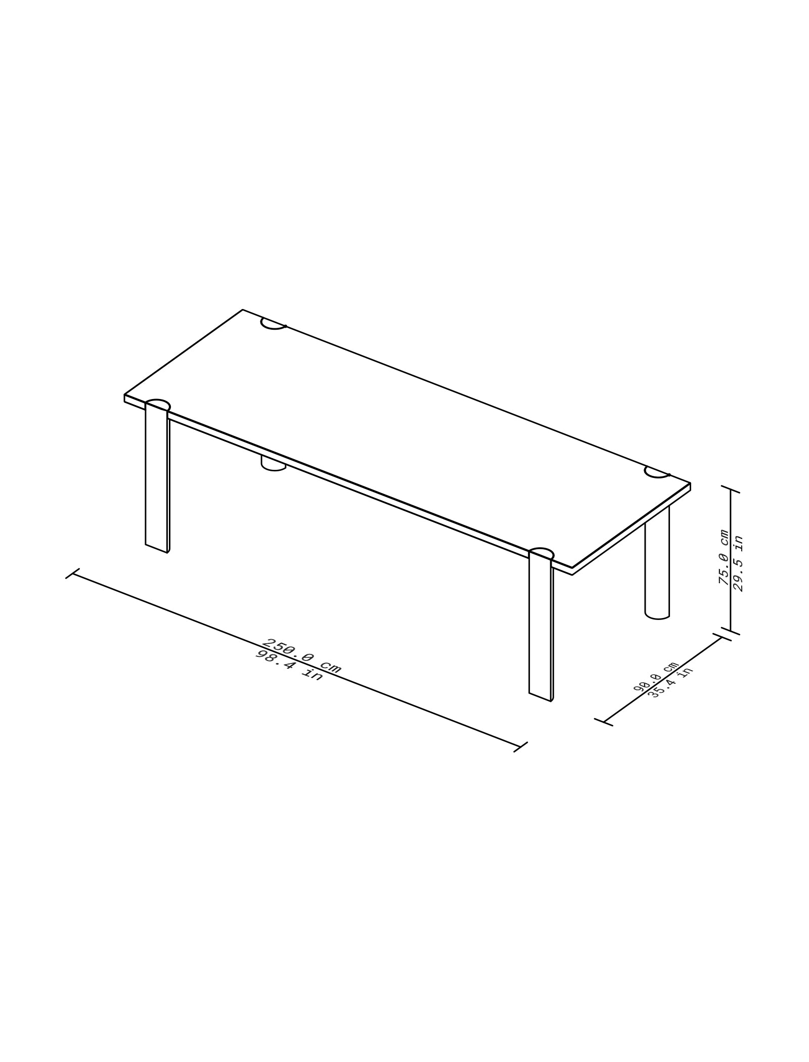 EVERYDAY Table – Color technical drawing showing dimensions of a rectangular wooden table with four legs.