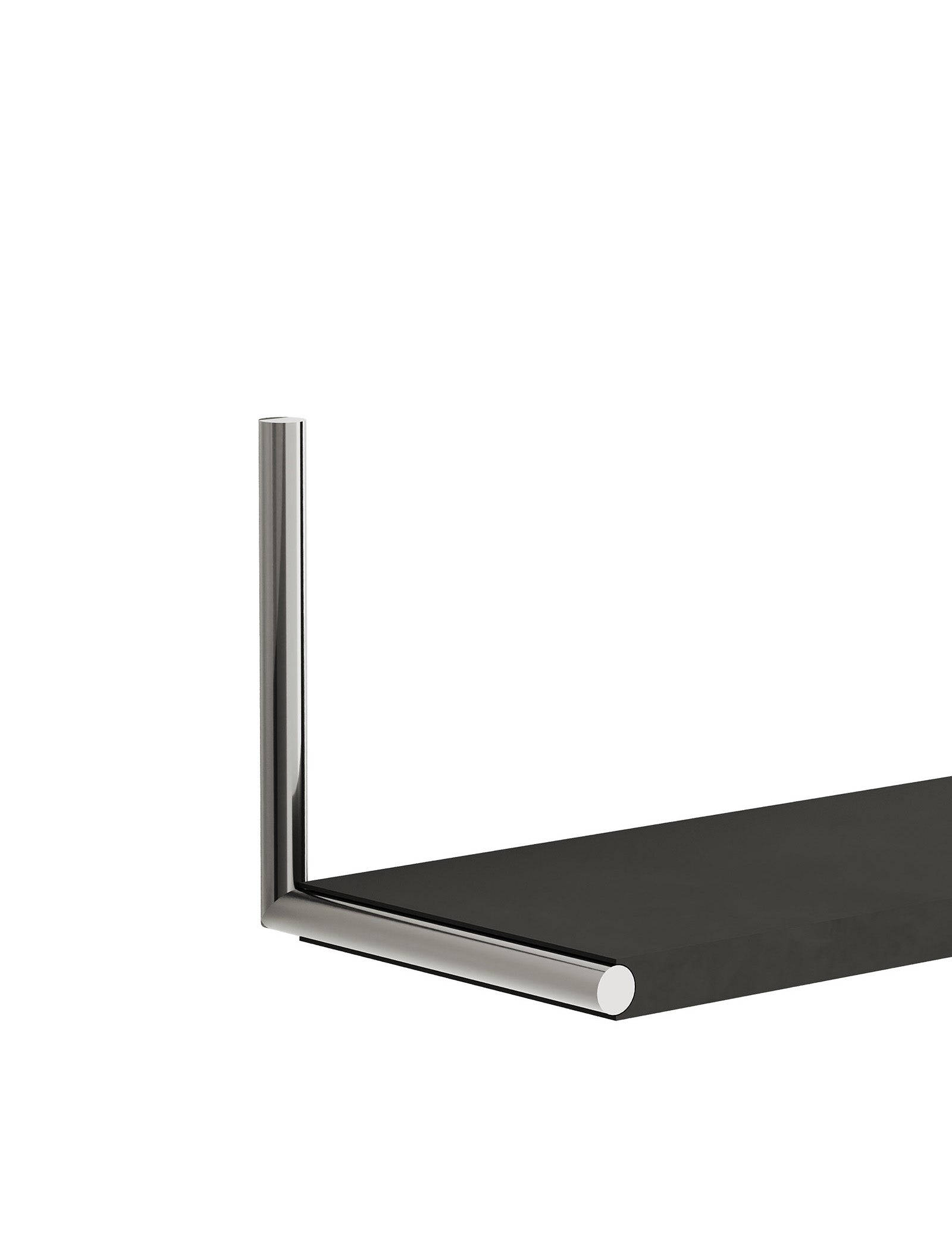 ELLE Shelf – Color showing a sleek black shelf panel with a silver metal support on one side, modern design.