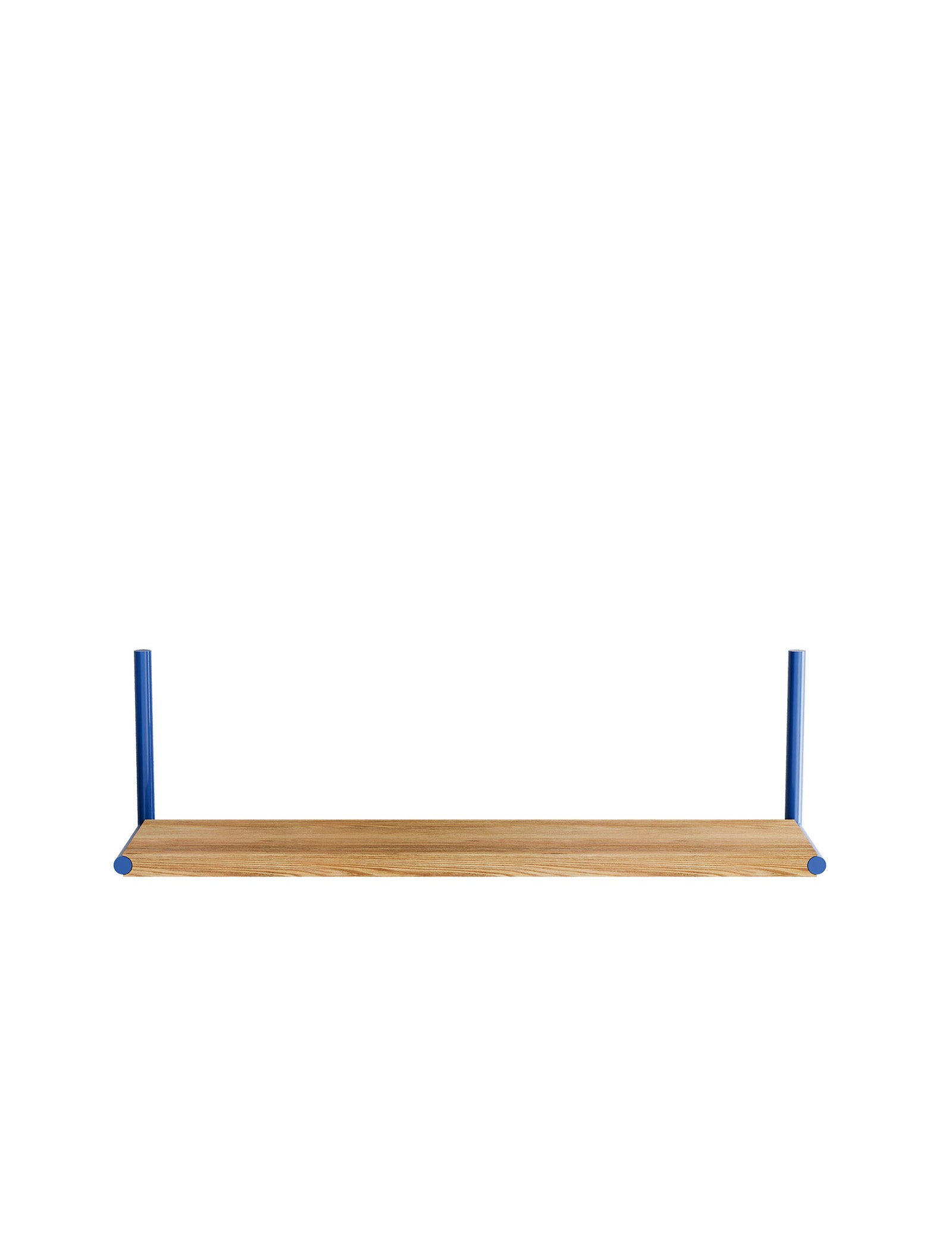 ELLE Shelf with natural wood and blue metal frame, adjustable mounting for versatile storage and display options.
