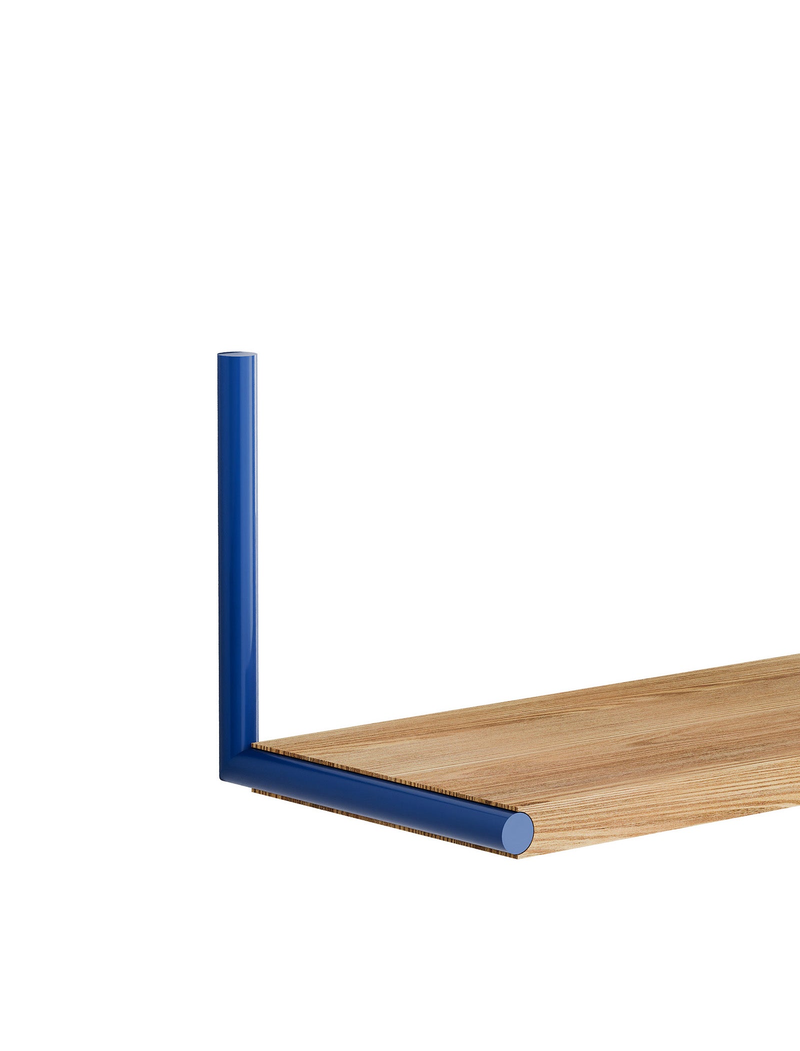 ELLE Shelf minimalist wooden shelf with blue metal side support, adjustable for books, pictures, and memories.