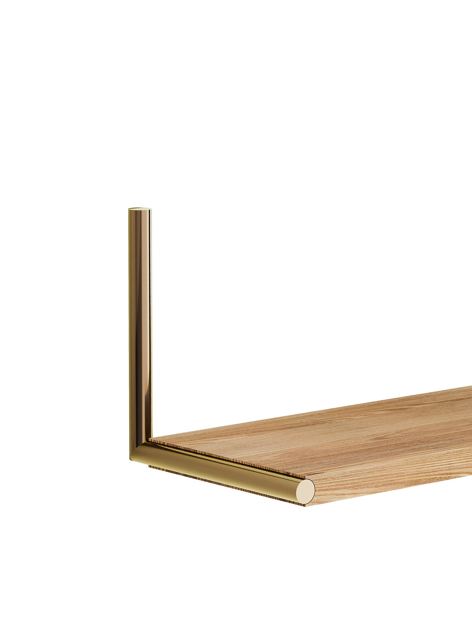 ELLE Shelf wooden wall shelf with minimal gold metal bracket, customizable for flexible display and storage solutions.