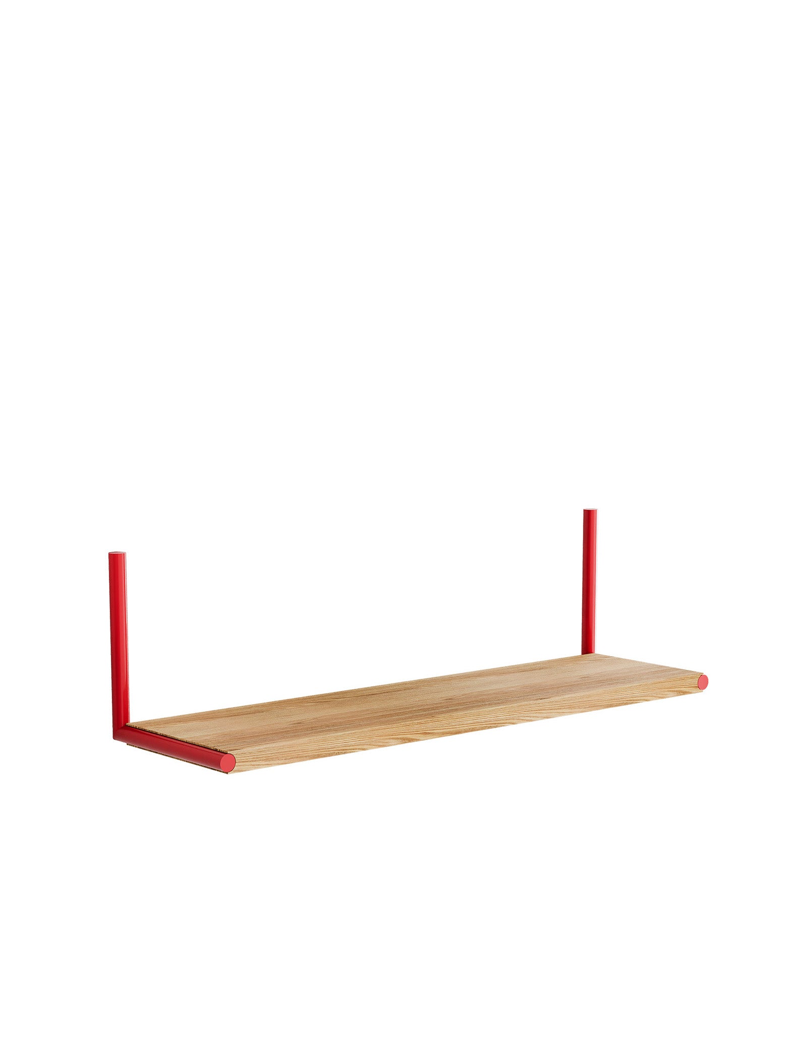 ELLE Shelf with wooden plank and red metal brackets, wall-mounted, adjustable for books, pictures, and memories storage.