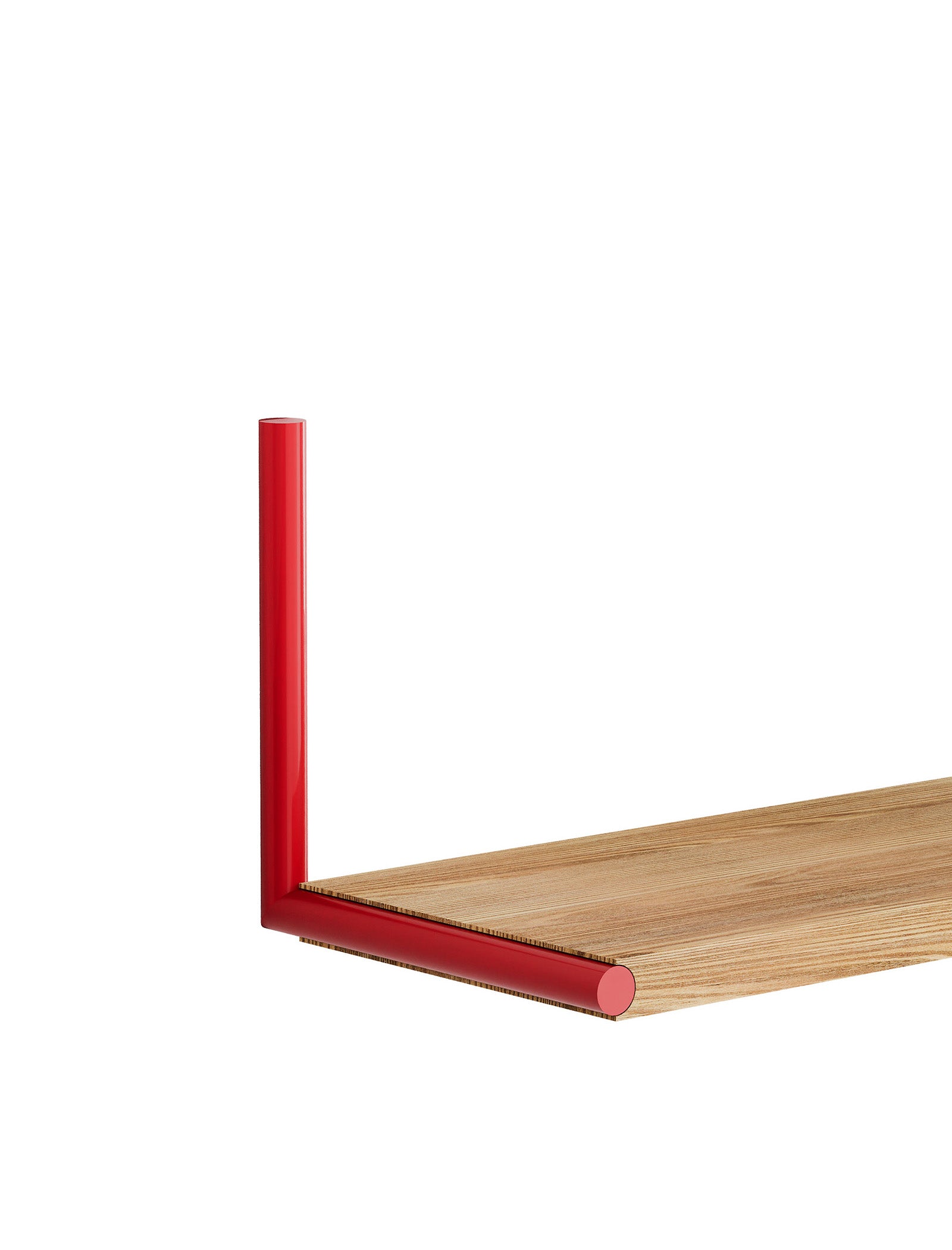 ELLE Shelf with natural wood plank and red metal vertical and horizontal supports angled in corner design.