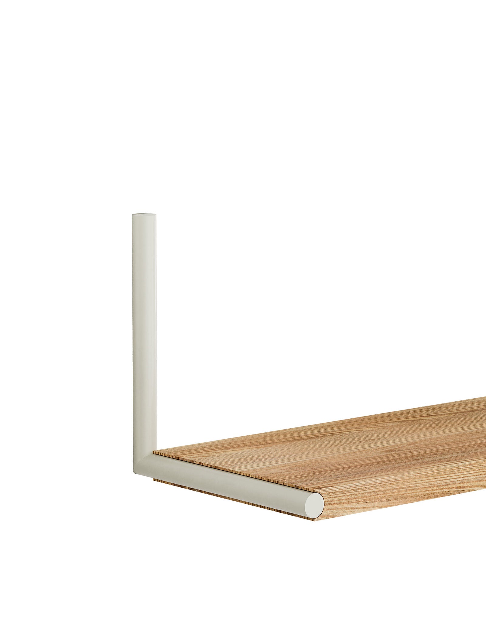 Close-up of ELLE Shelf showing adjustable wood plank and white metal support for modular shelving.