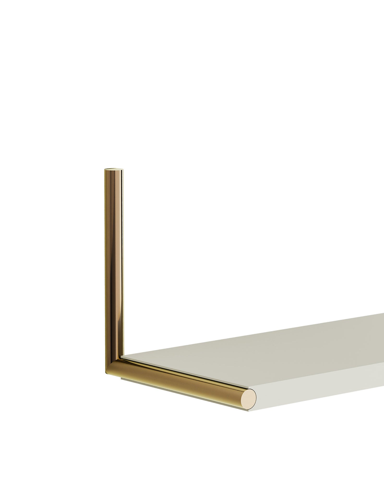 Close-up of ELLE Shelf – Color with gold metallic support and beige shelf panel isolated on white background.