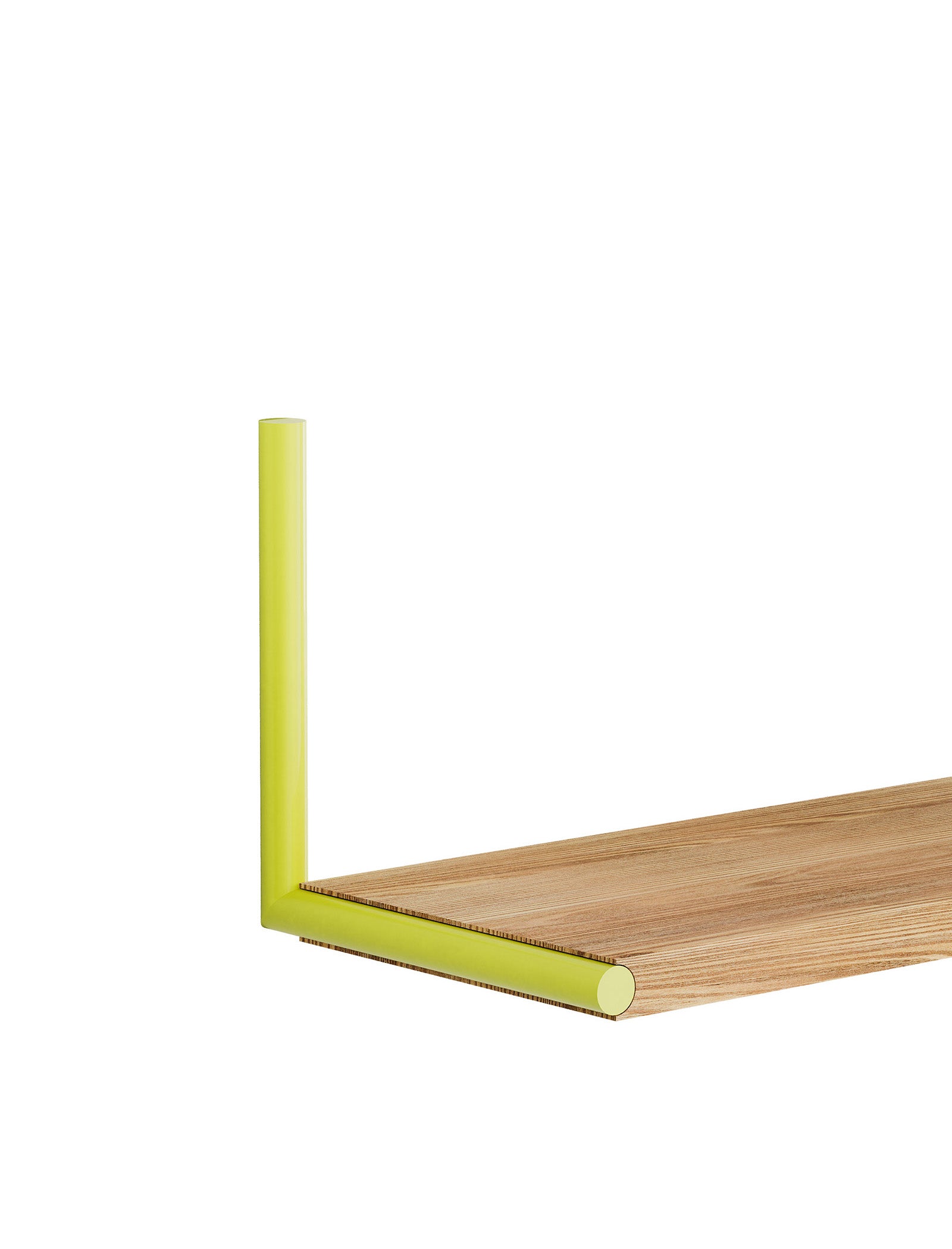 ELLE Shelf with green metal frame and wooden plank, adjustable for books, pictures, and memories storage.