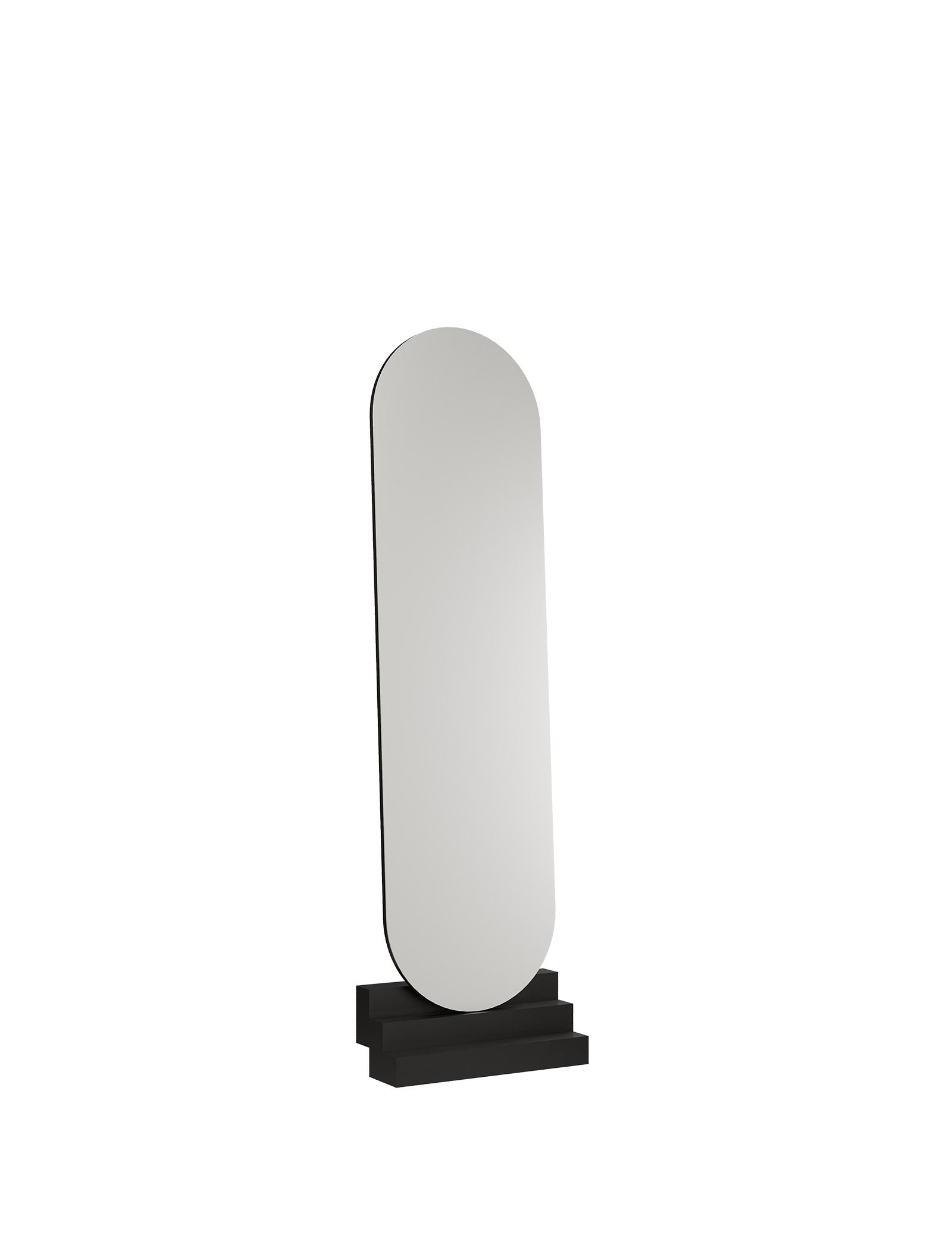 NONCHALANT Mirror L with rounded edges leaning on a black stepped base in a minimalist design.