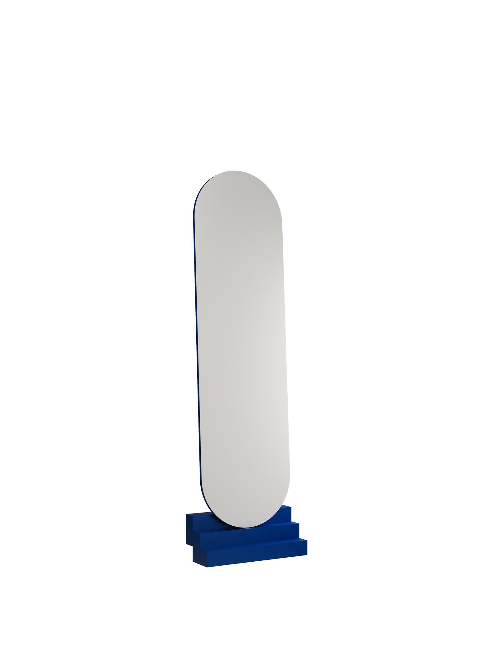 NONCHALANT Mirror L with rounded top and stepped blue base, leaning securely against the wall in a modern design.