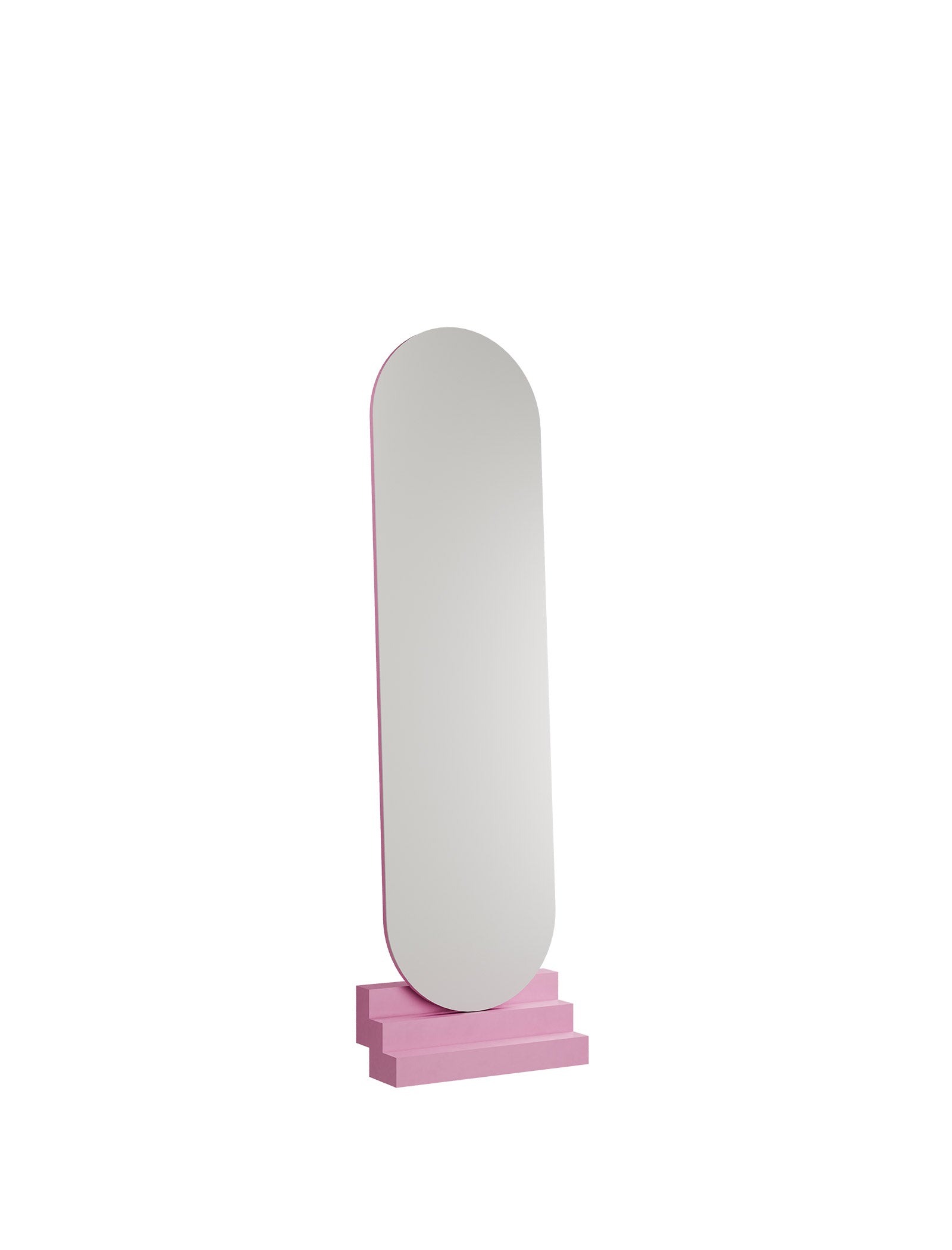 NONCHALANT Mirror L standing with a sleek pink frame and base, designed to lean effortlessly against the wall.