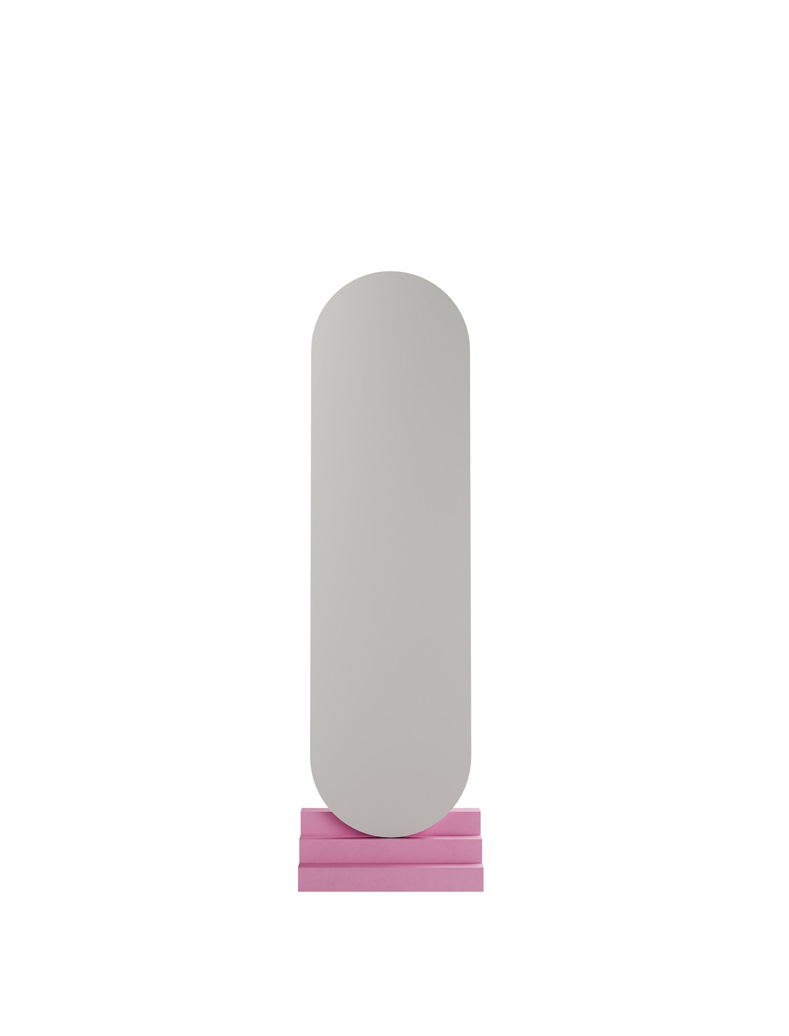 NONCHALANT Mirror L with rounded edges in soft pink base, minimalist standing design with secure support and relaxed elegance.