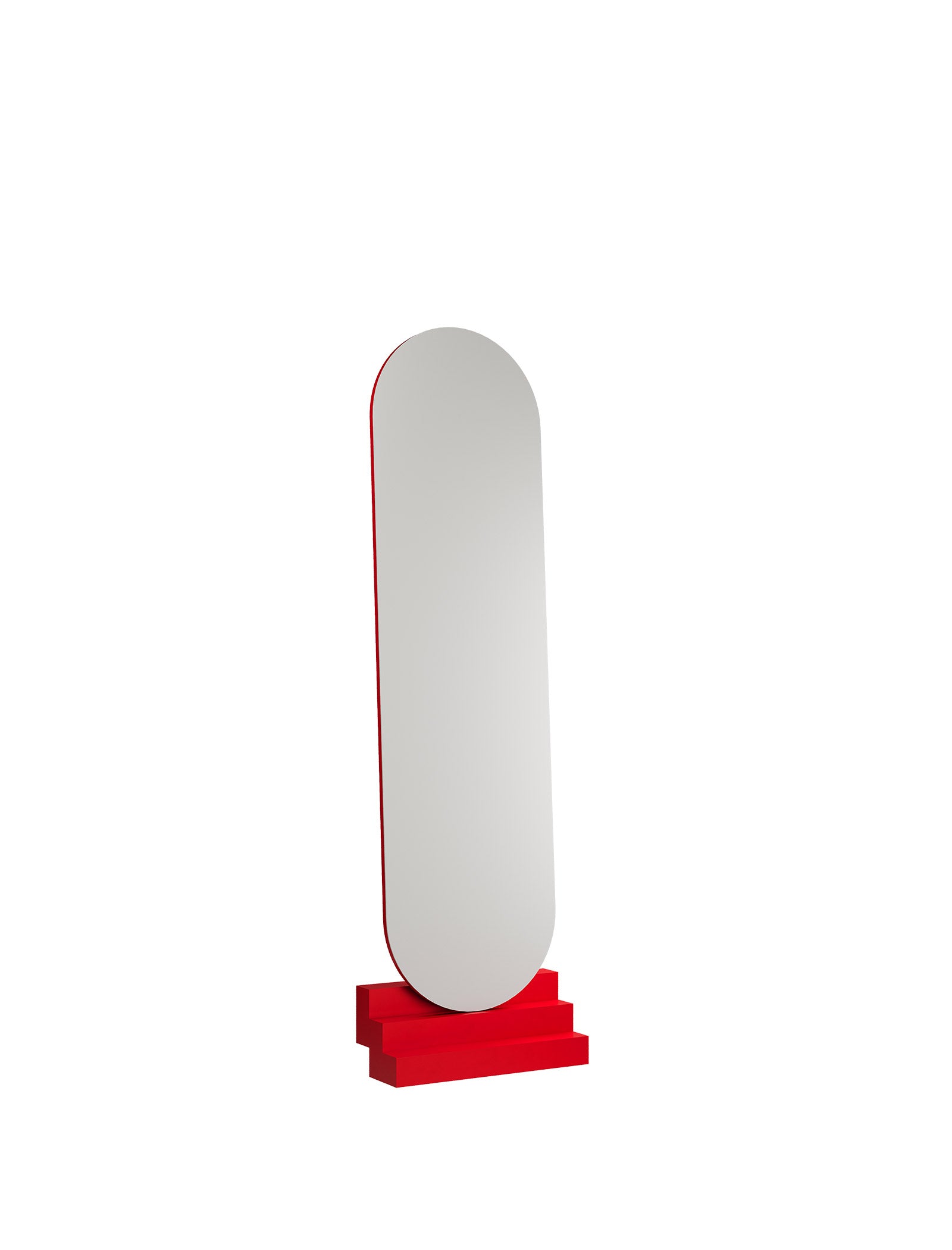 NONCHALANT Mirror L with a tall, rounded design and vibrant red base, leaning securely against the wall.
