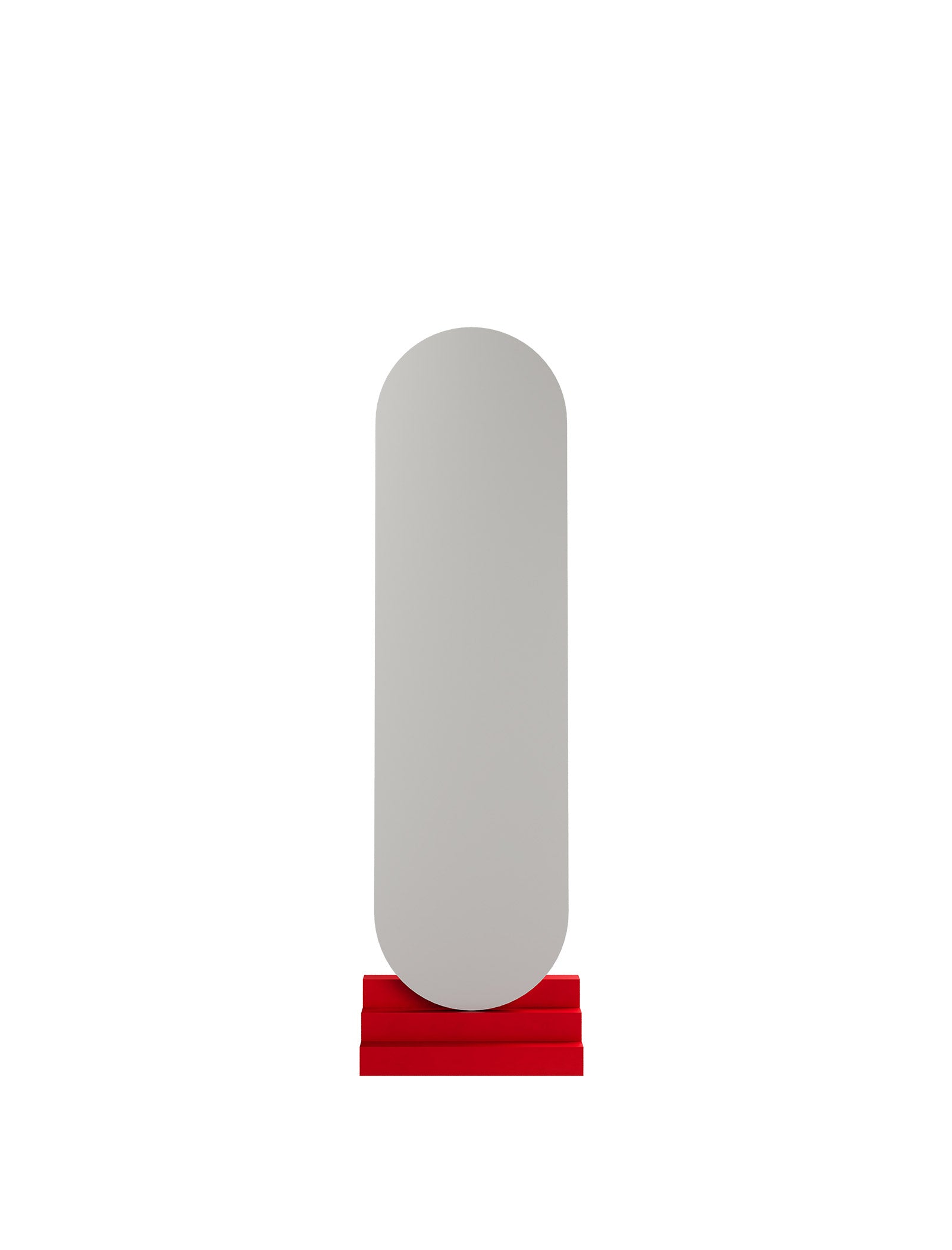 NONCHALANT Mirror L with a red base, minimalist design, appearing to lean effortlessly against the wall.