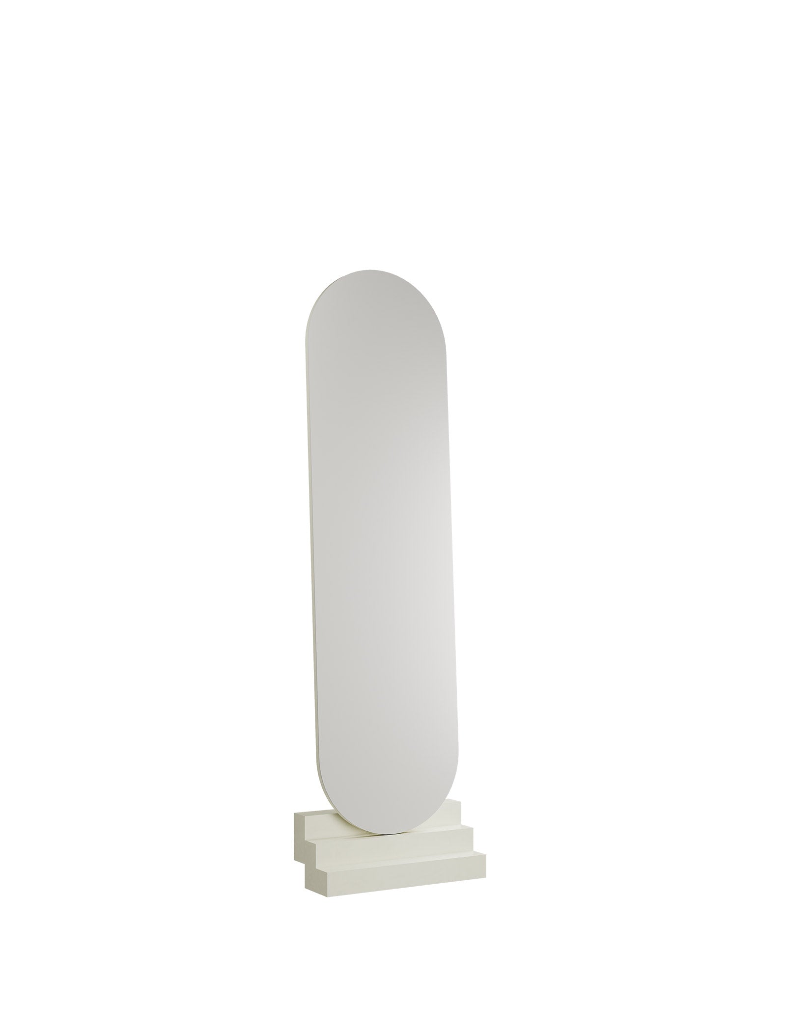 NONCHALANT Mirror L standing on a stepped white base, showcasing a sleek, tall oval reflective surface.