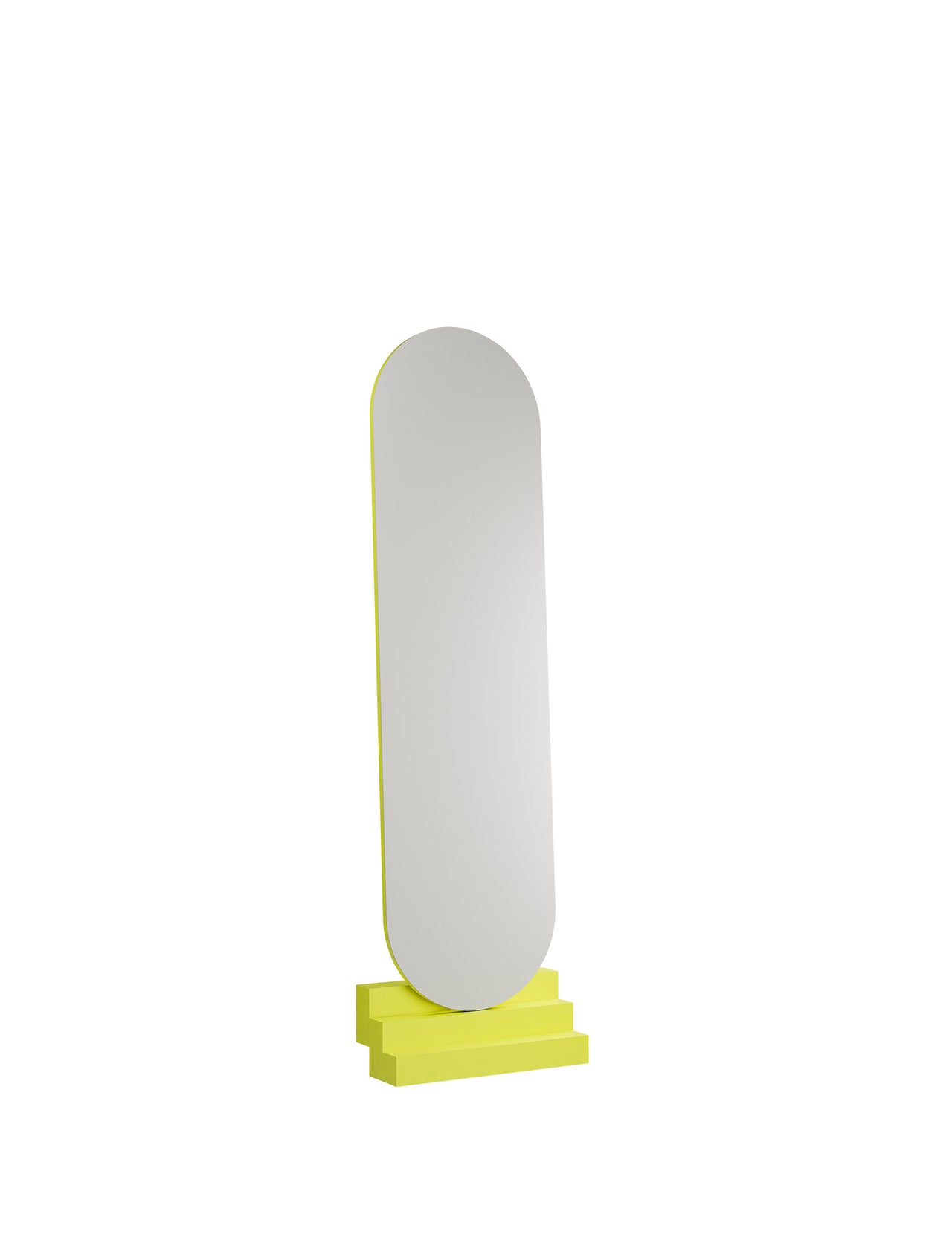 NONCHALANT Mirror L leaning securely against wall with bright yellow stepped base and rounded top design.