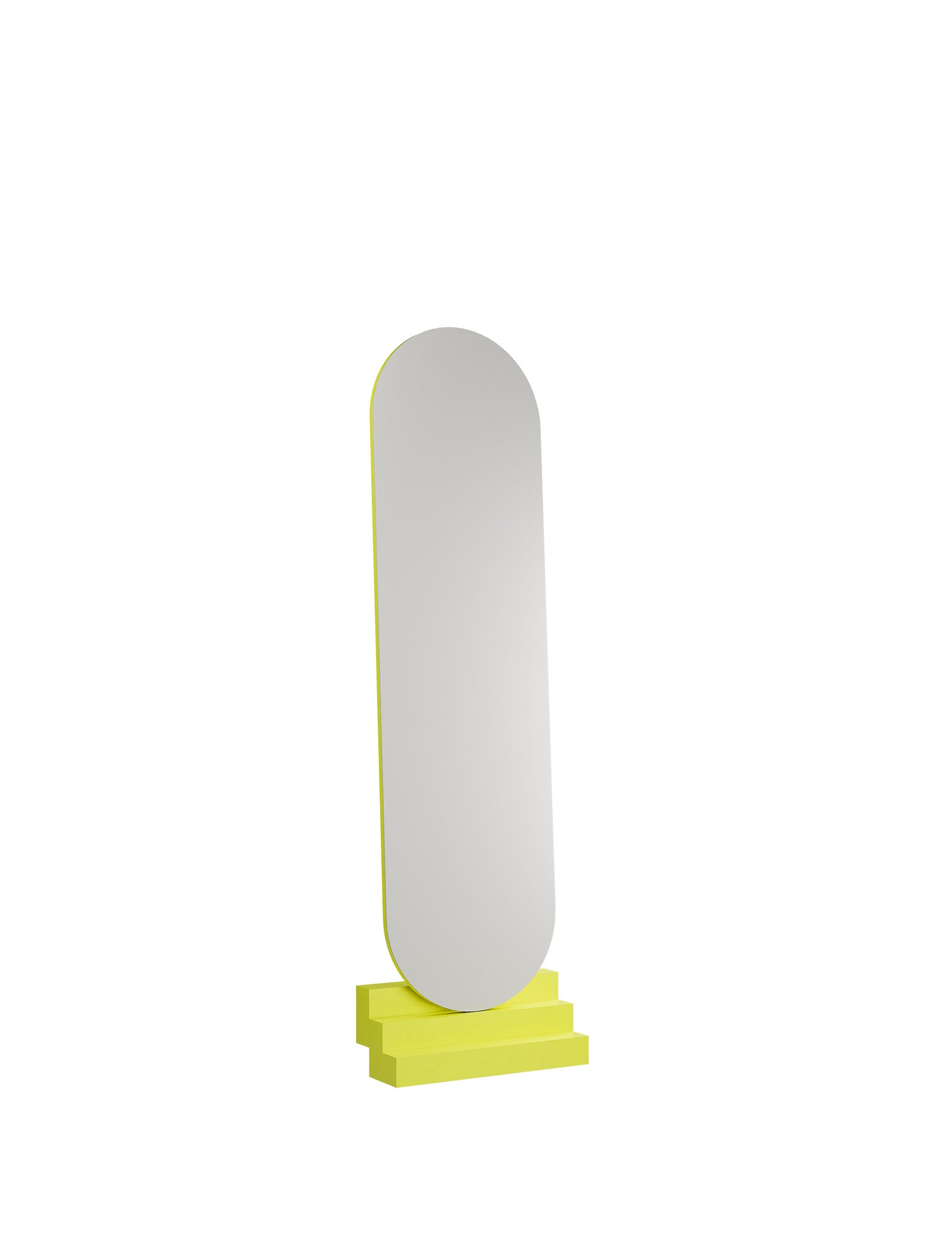 NONCHALANT Mirror L standing easily with bright yellow base in a sleek, modern design and secure hold.