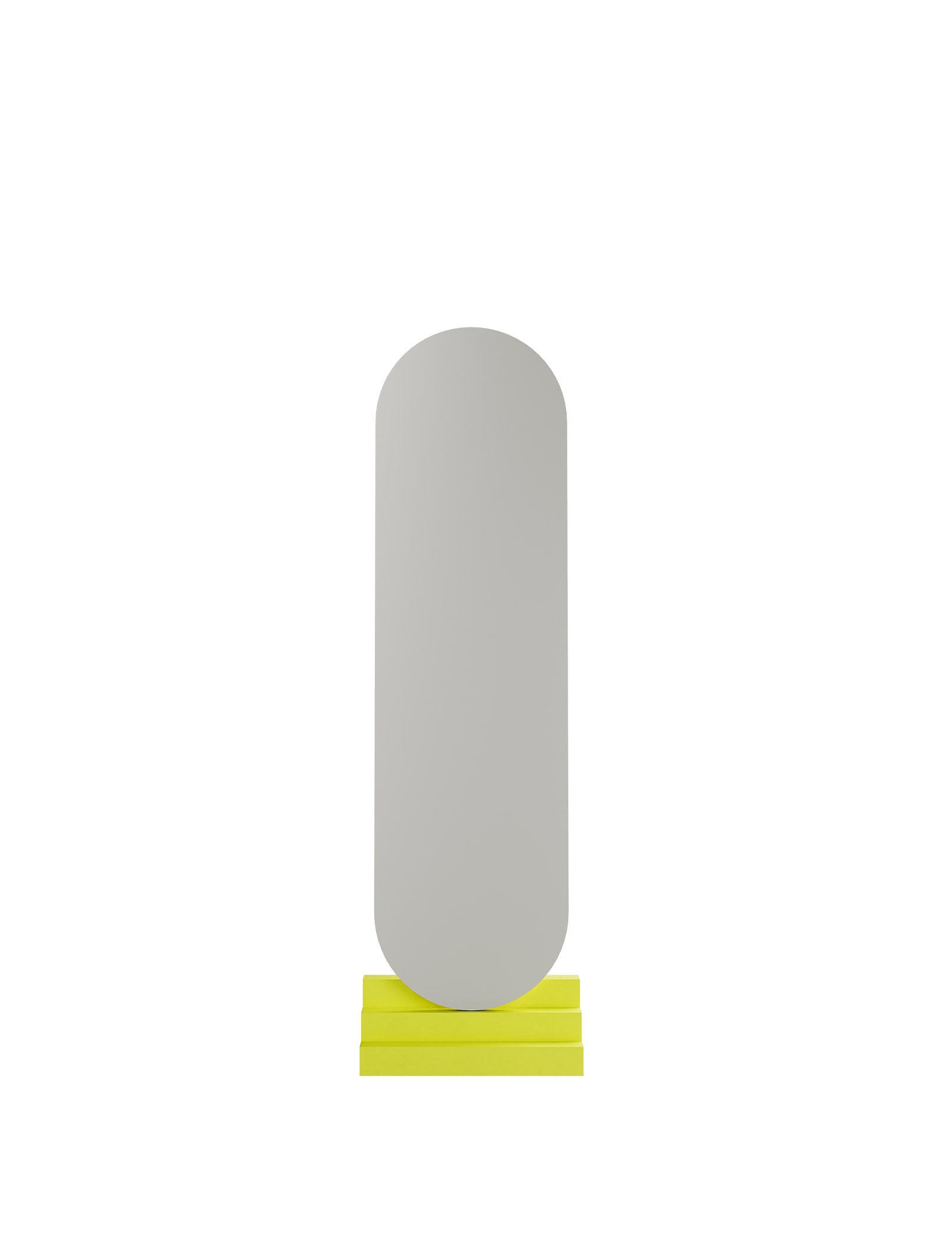 NONCHALANT Mirror L standing on a vibrant yellow base, sleek rounded design, minimalist and modern style.