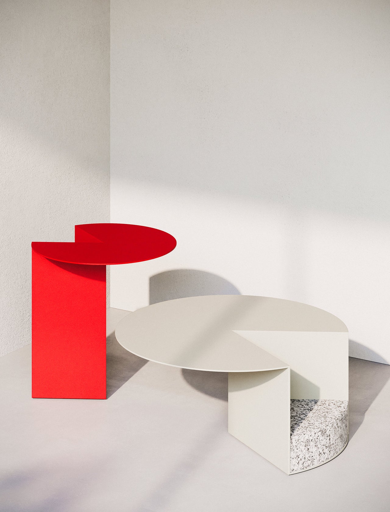 PAC Side Table - 450 with round top inspired by Pac-Man, featuring aluminum surface and granite base in red and white colors.