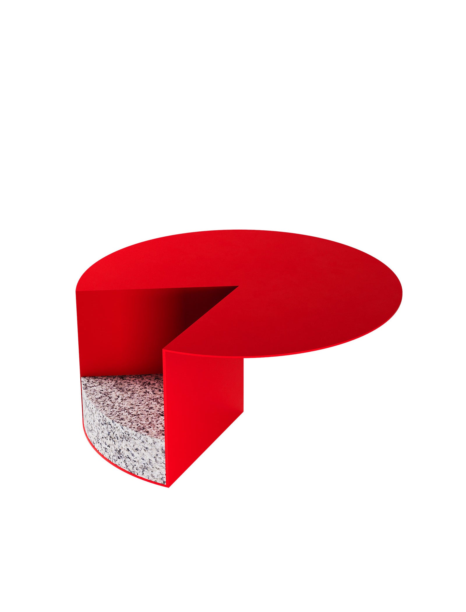 PAC Side Table - 450 with round red aluminum top and solid granite base inspired by Pac-Man shape design.