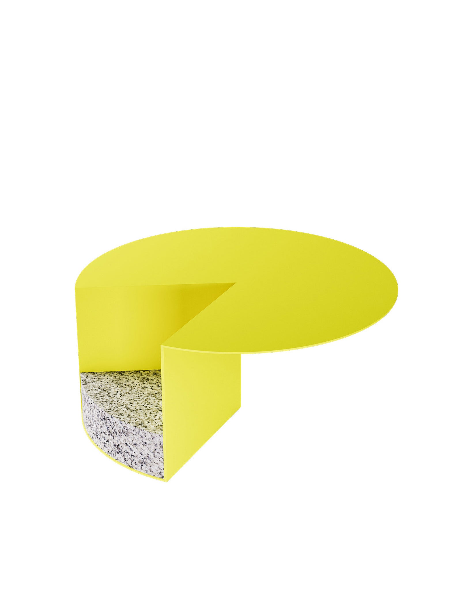PAC Side Table - 450 with round yellow aluminum top and solid granite base inspired by Pac-Man design.