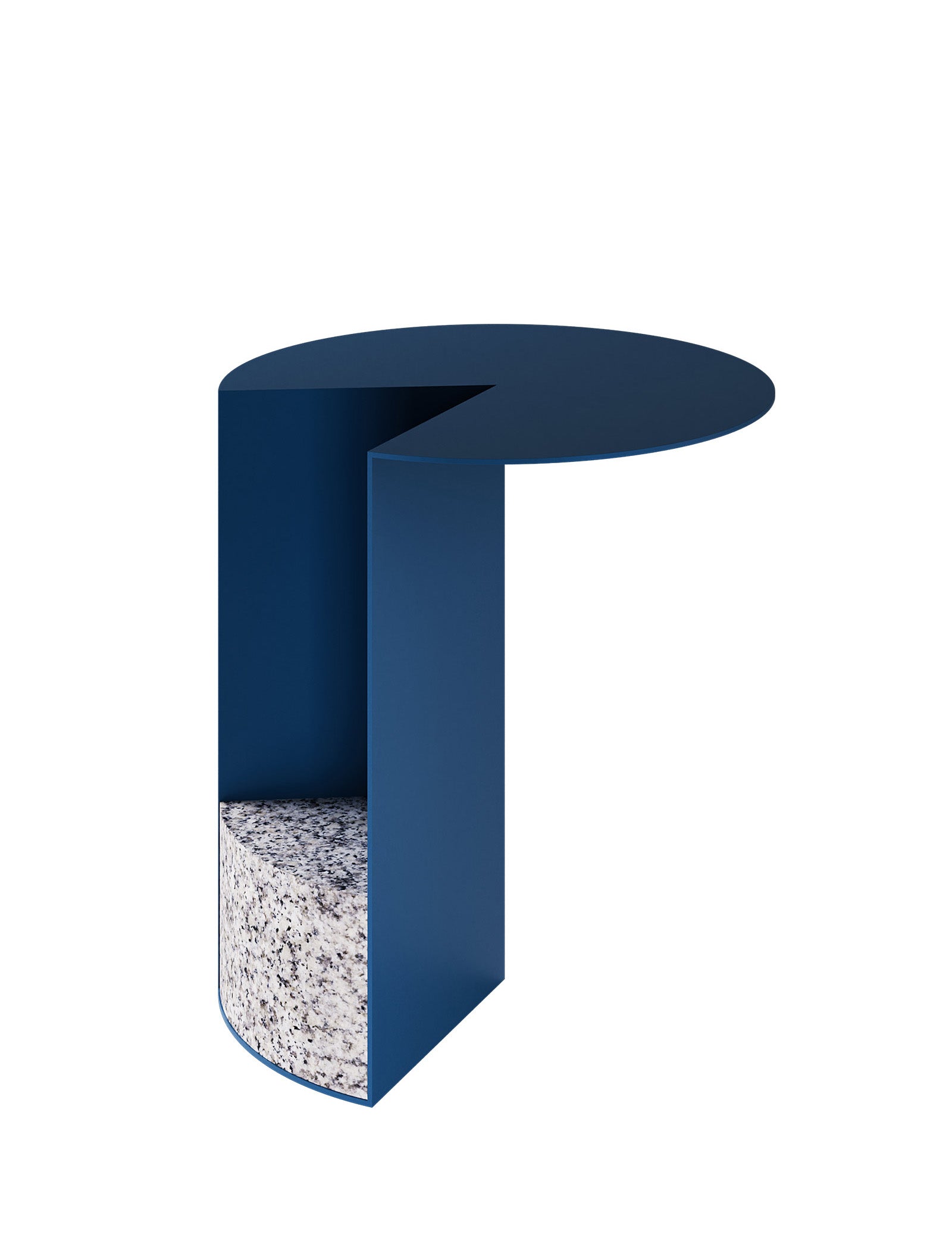 PAC Side Table - 700 with a round blue aluminum top and solid granite base resembling Pac-Man.
