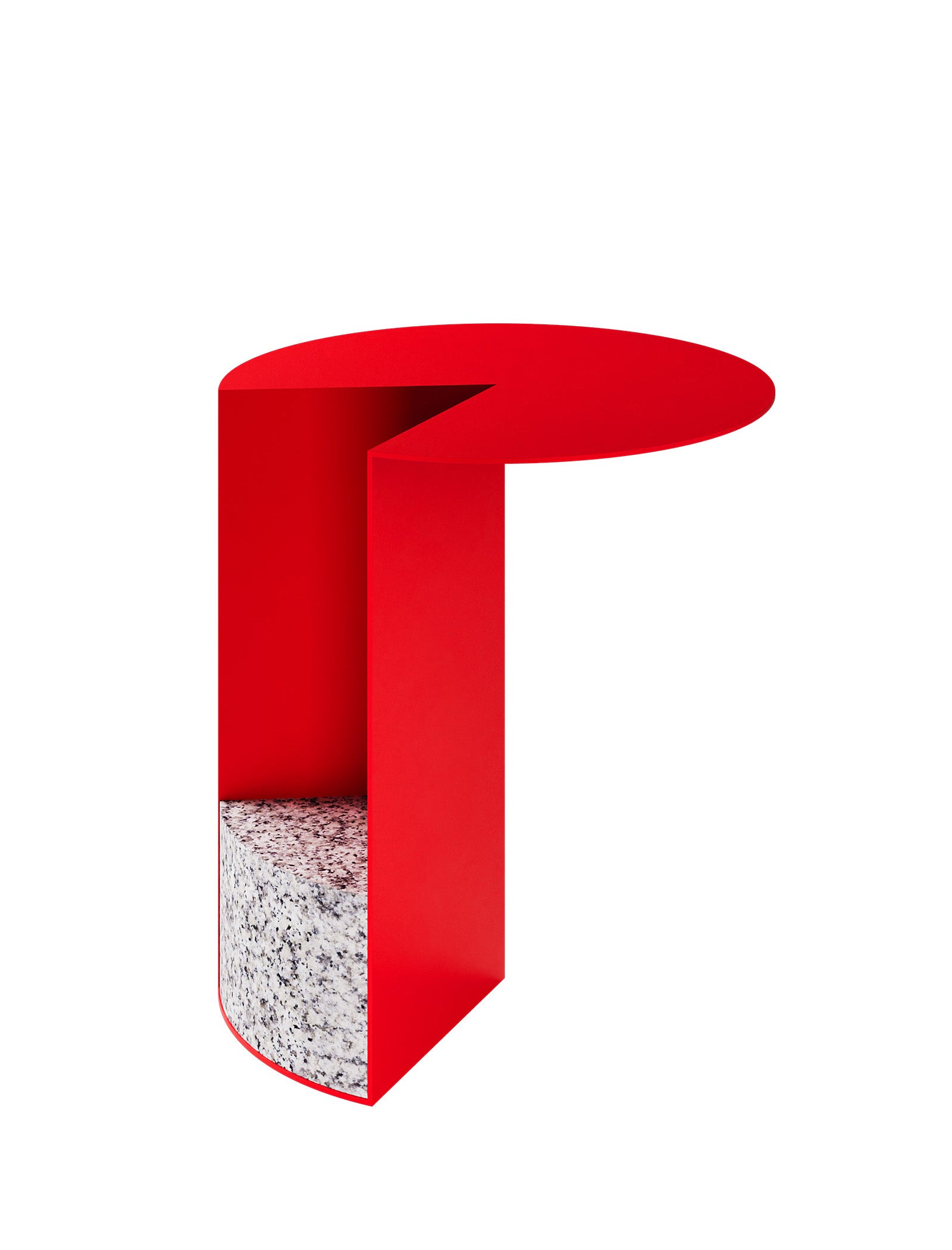 PAC Side Table - 700 with red aluminum top and granite base inspired by Pac-Man icon design.