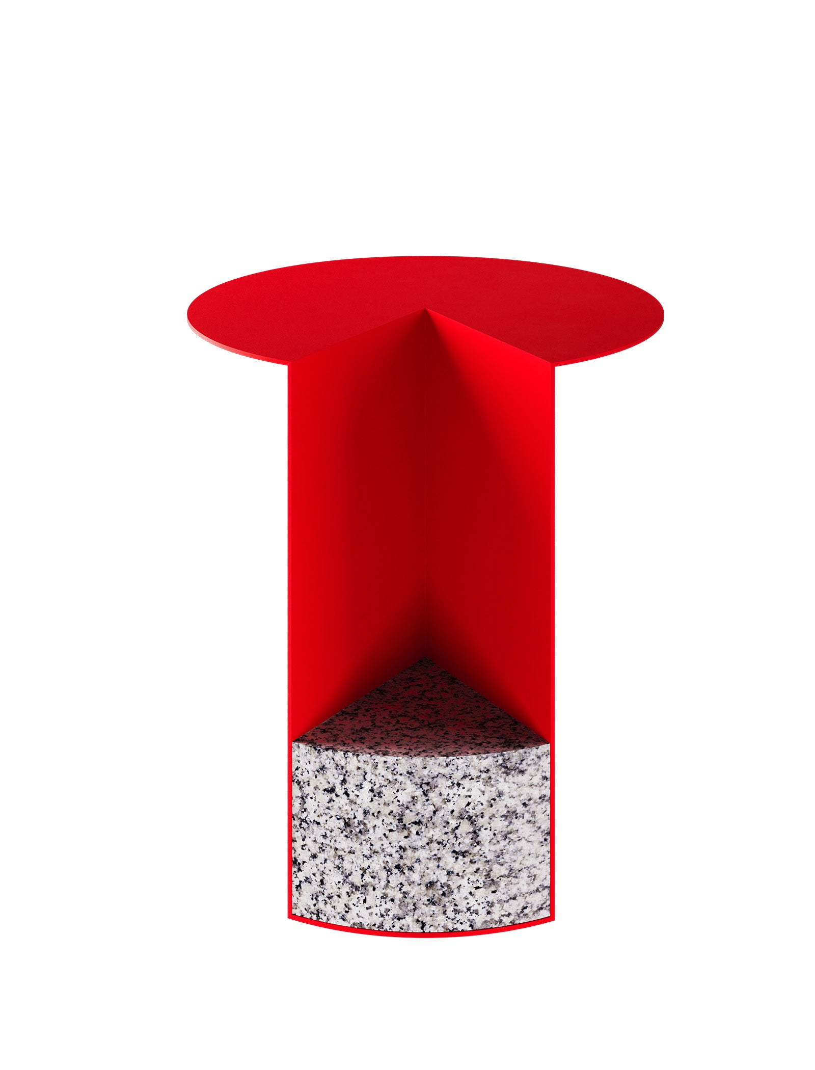 PAC Side Table - 700 with red aluminum top and granite base, modern design inspired by Pac-Man shape.