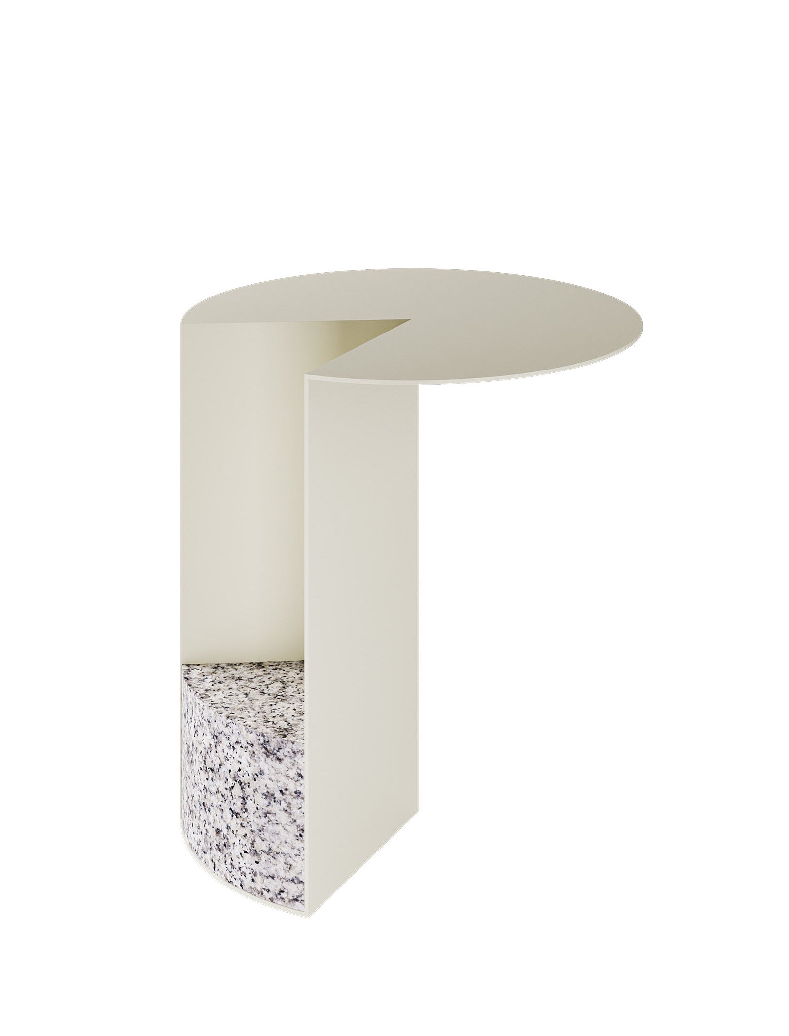 PAC Side Table - 700 featuring a round aluminum top and a solid granite base, designed with a Pac-Man-inspired cutout.