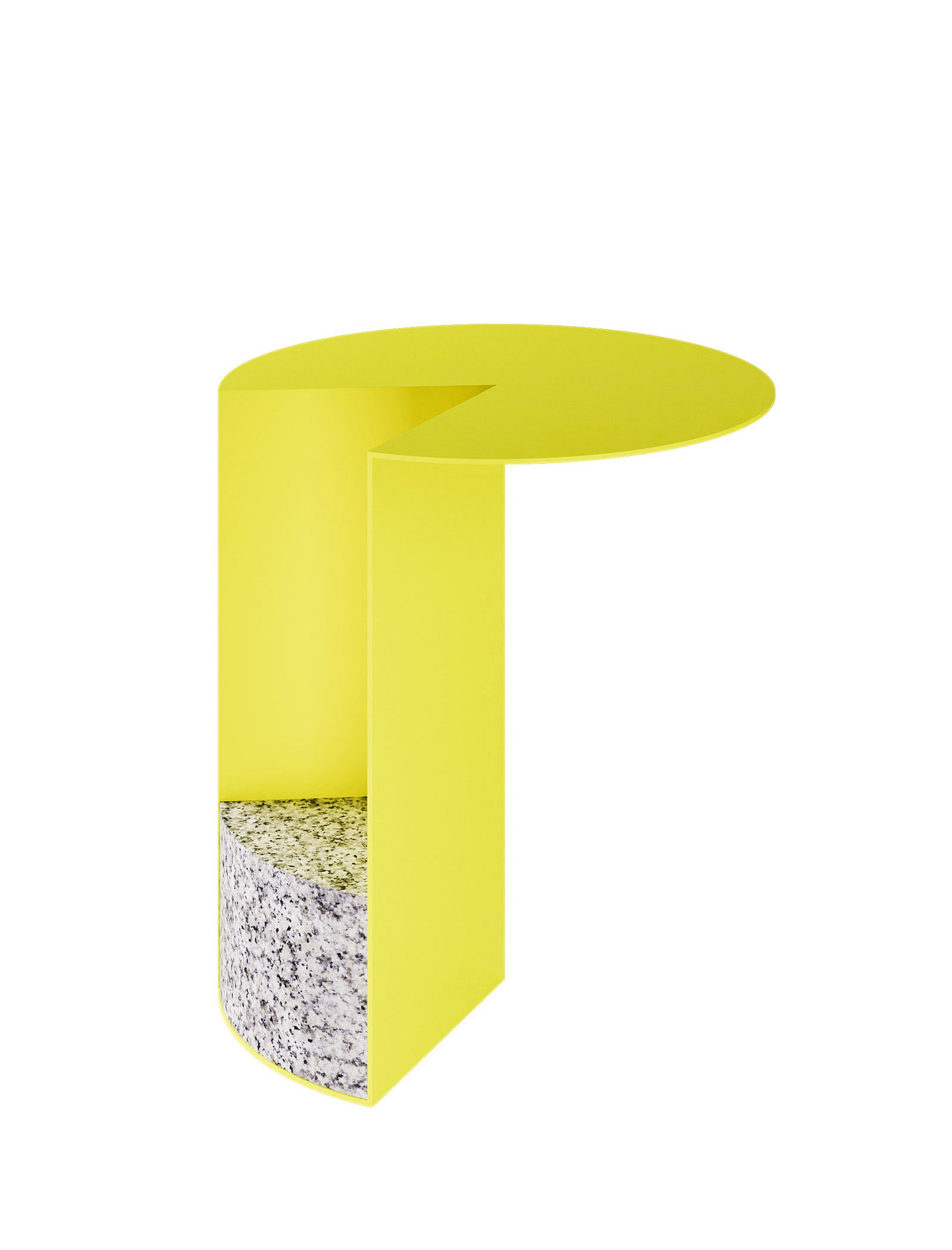 PAC Side Table - 700 with yellow aluminum top and solid granite base inspired by Pac-Man shape design.