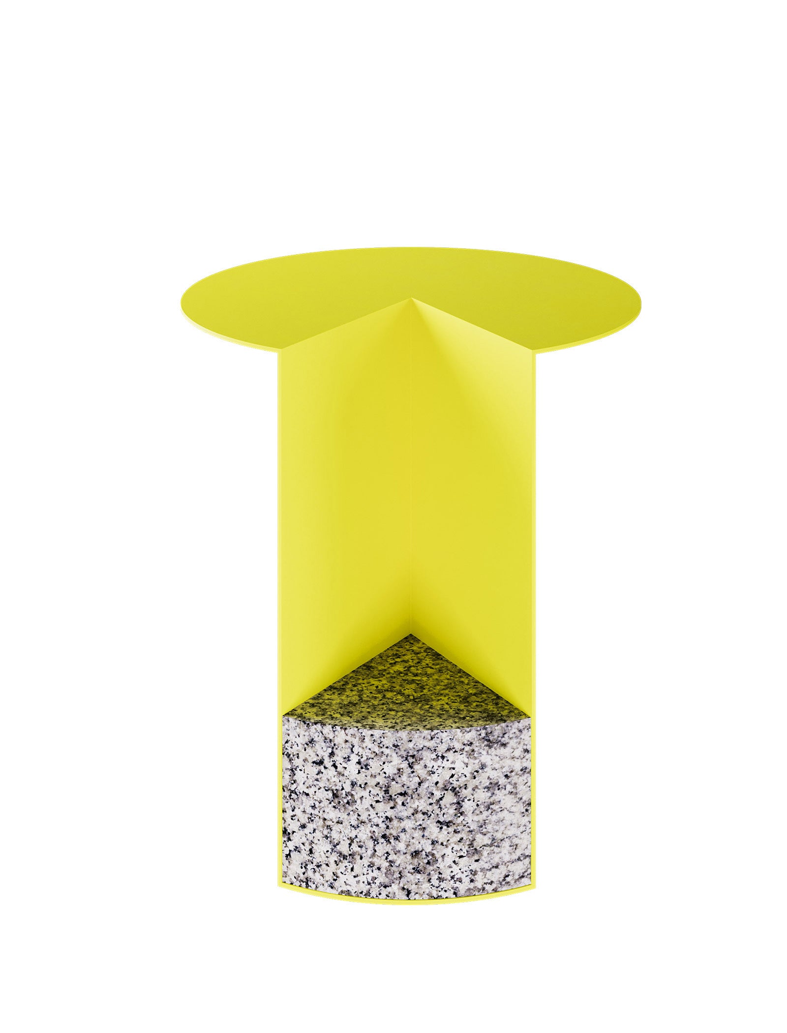 PAC Side Table - 700 with a round yellow aluminum top and a contrasting solid granite base.