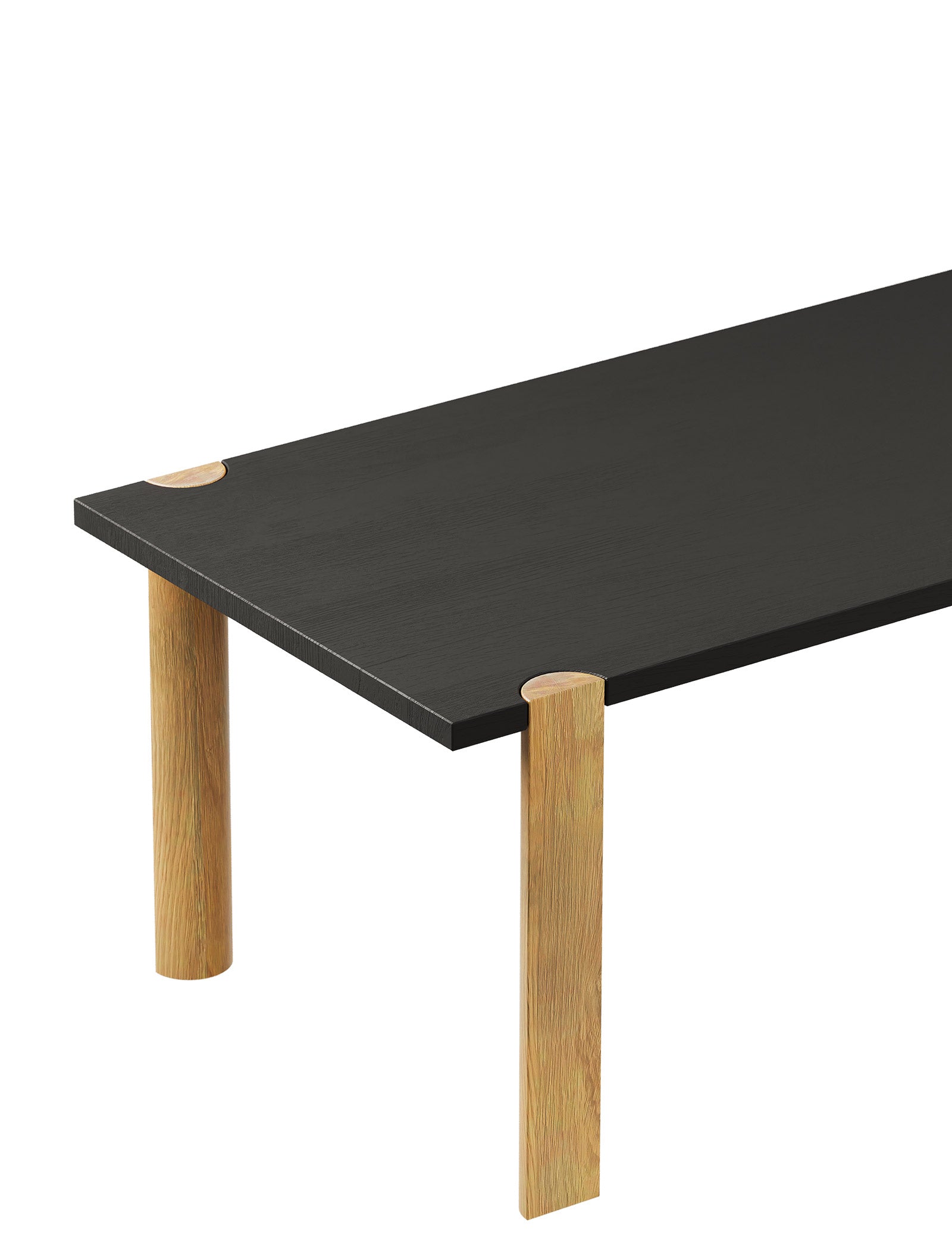EVERYDAY Table – Color with a black wooden top and four natural wood half-round legs showing end grain.