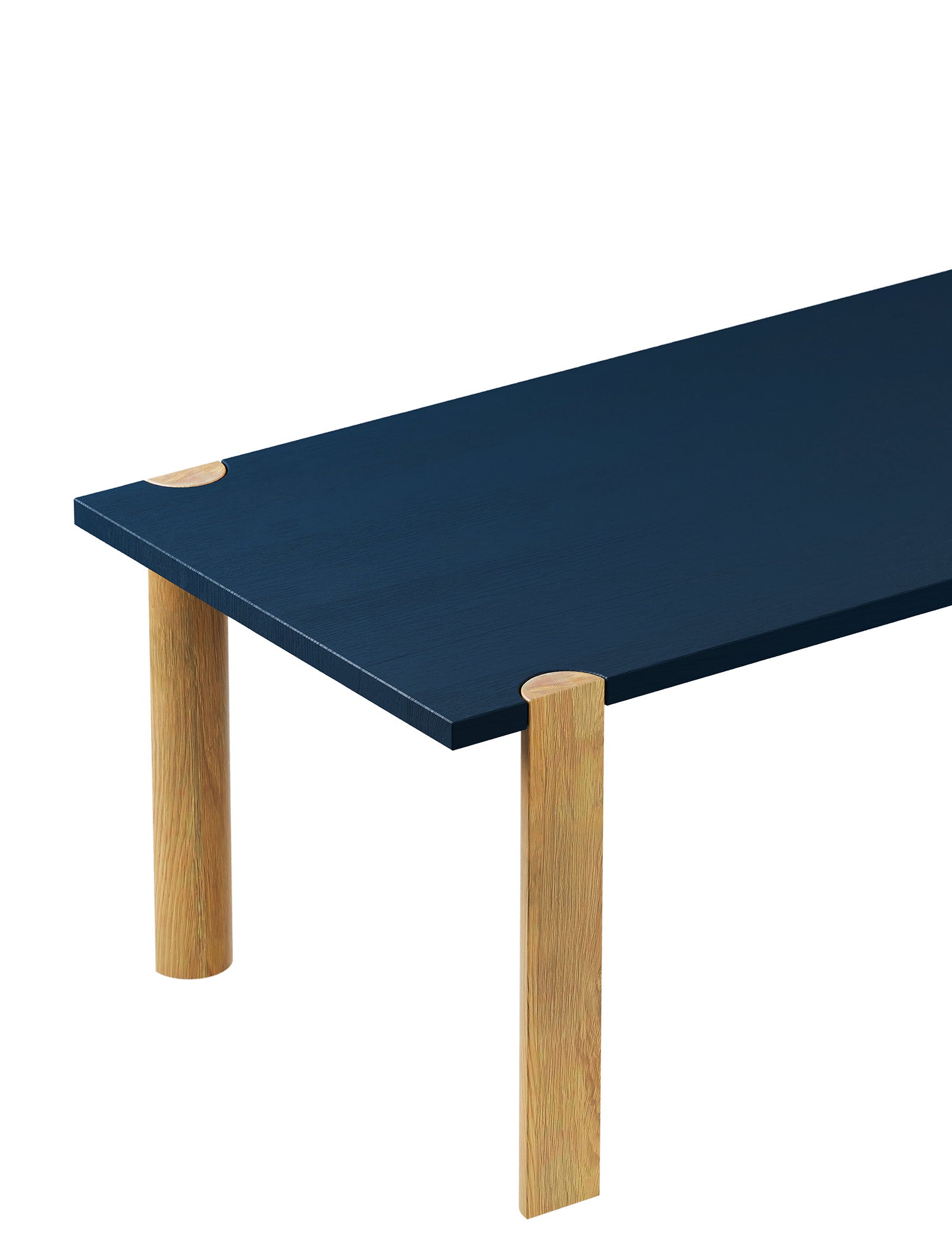 EVERYDAY Table – Color with solid wood legs and a dark blue top showcasing natural wood end grain details.