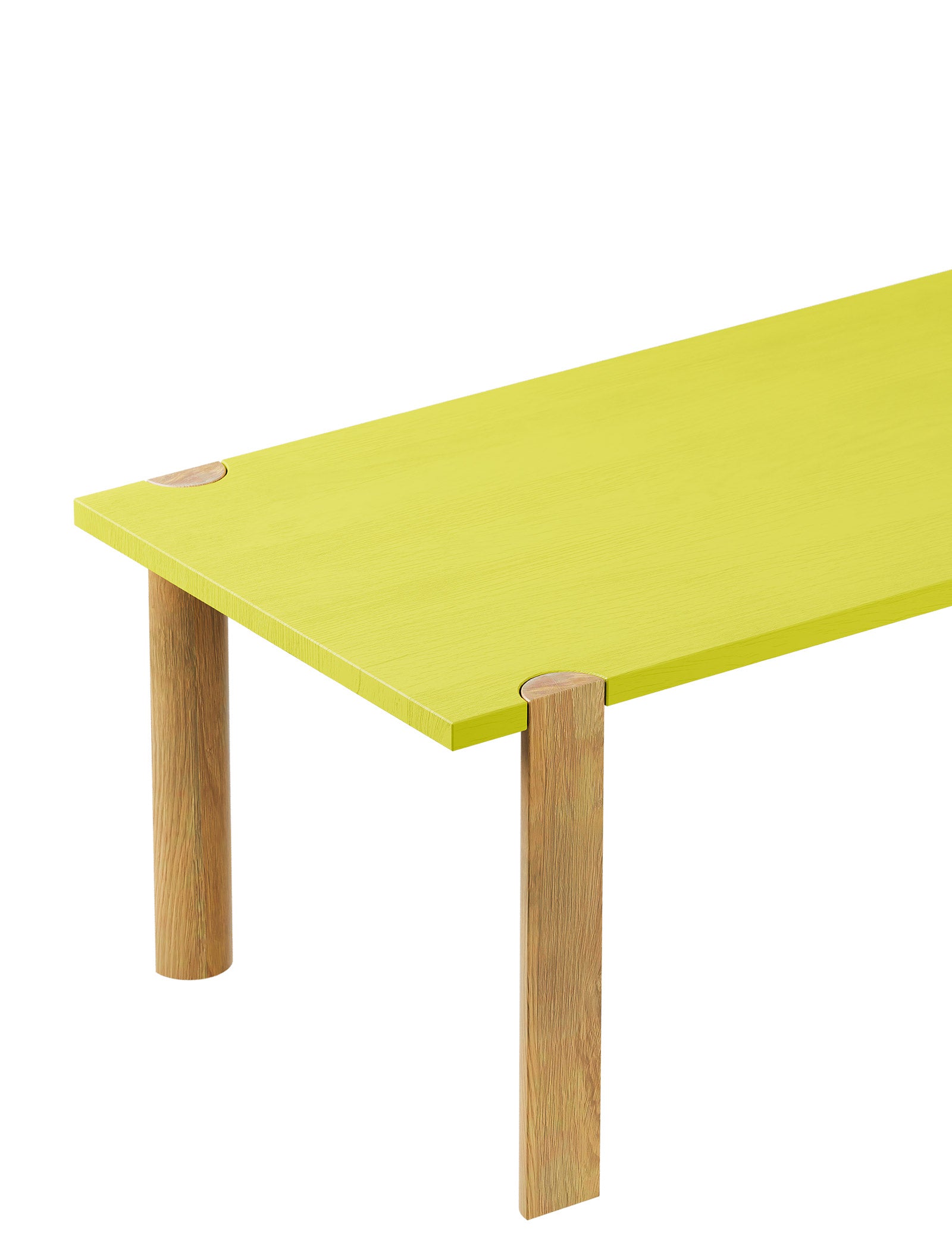 EVERYDAY Table – Color with solid wood legs and bright yellow tabletop showing end grain detail on a white background