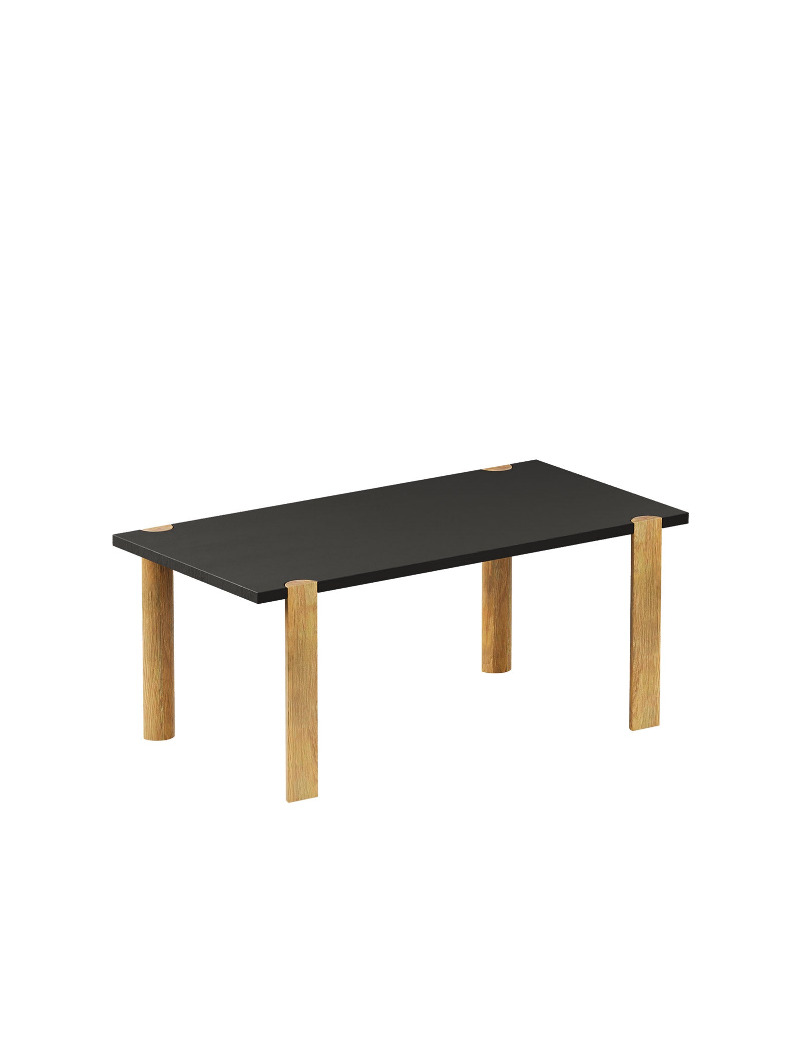 EVERYDAY Table – Color with a black tabletop, solid wood construction, and four rounded natural wood legs.