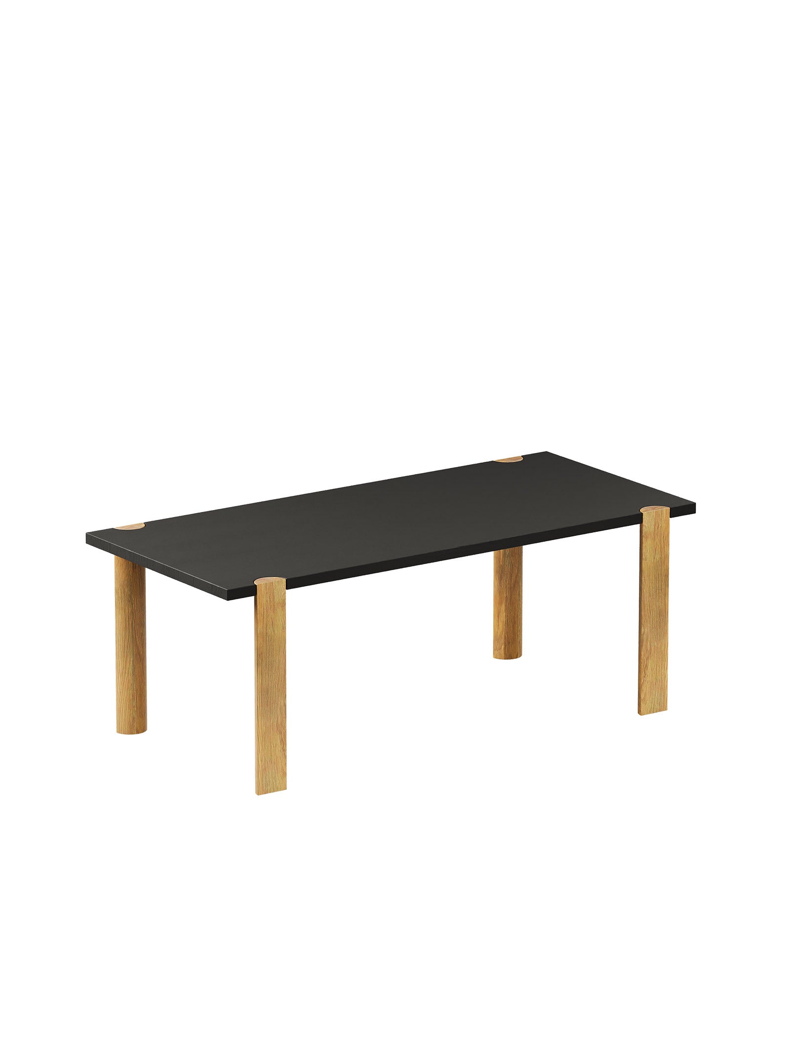 EVERYDAY Table – Color with a black wooden top and four natural wood semi-circular legs showing end grain.