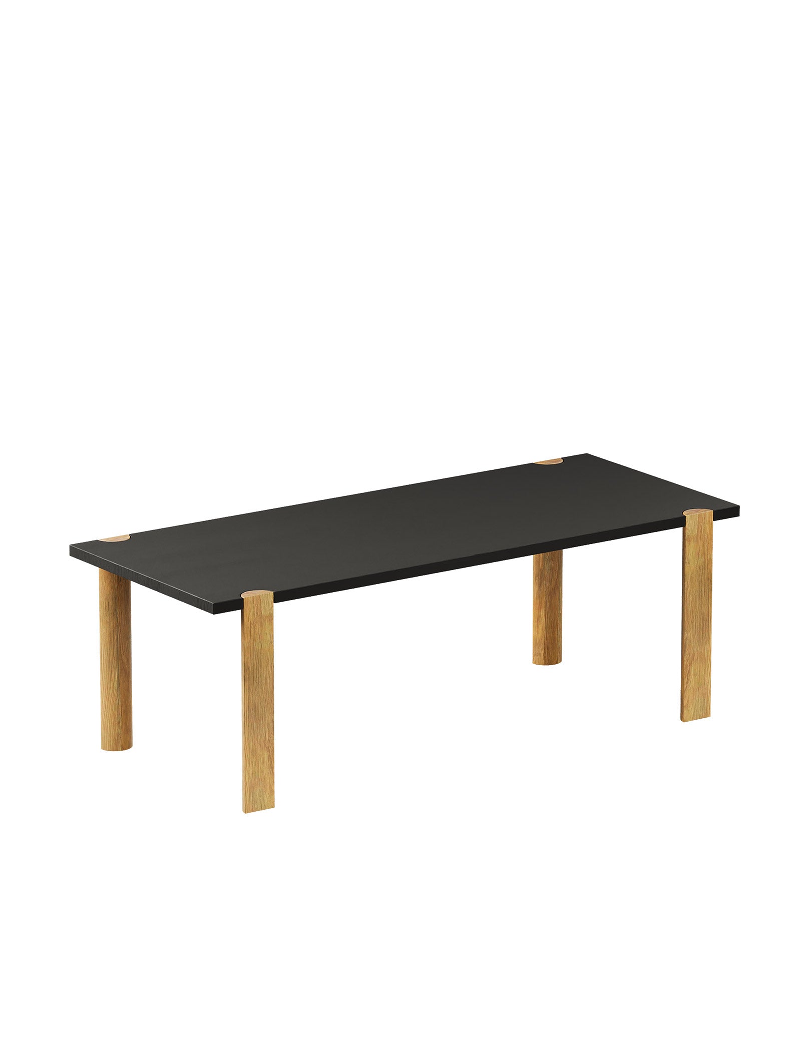 EVERYDAY Table – Color in black with solid wood top and four rounded wooden legs featuring end grain design.