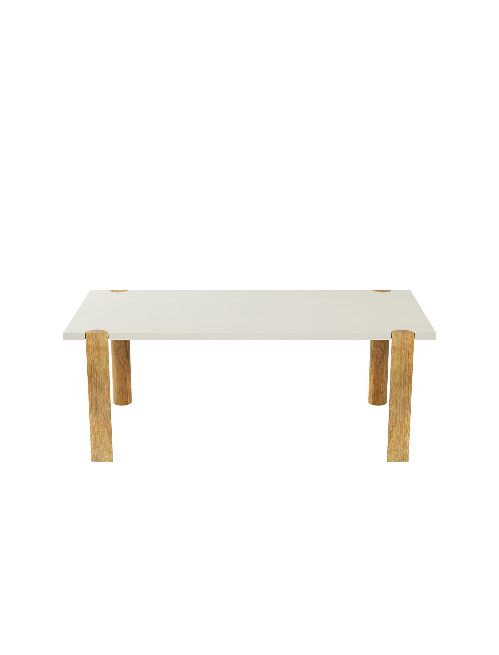 EVERYDAY Table – Color with a white solid wood top and four rounded wooden legs, minimalist design.