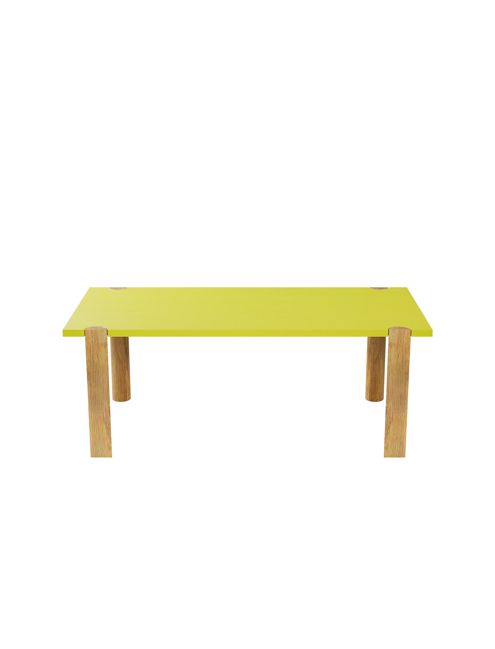 EVERYDAY Table – Color with solid wood frame and bright yellow tabletop supported by four unique rounded legs.