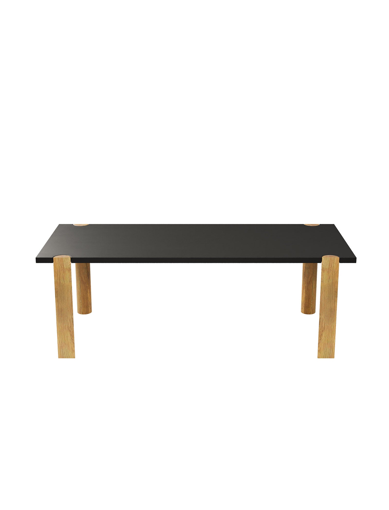 EVERYDAY Table – Color with a black wood tabletop and four rounded natural wood legs showing end grain detail.