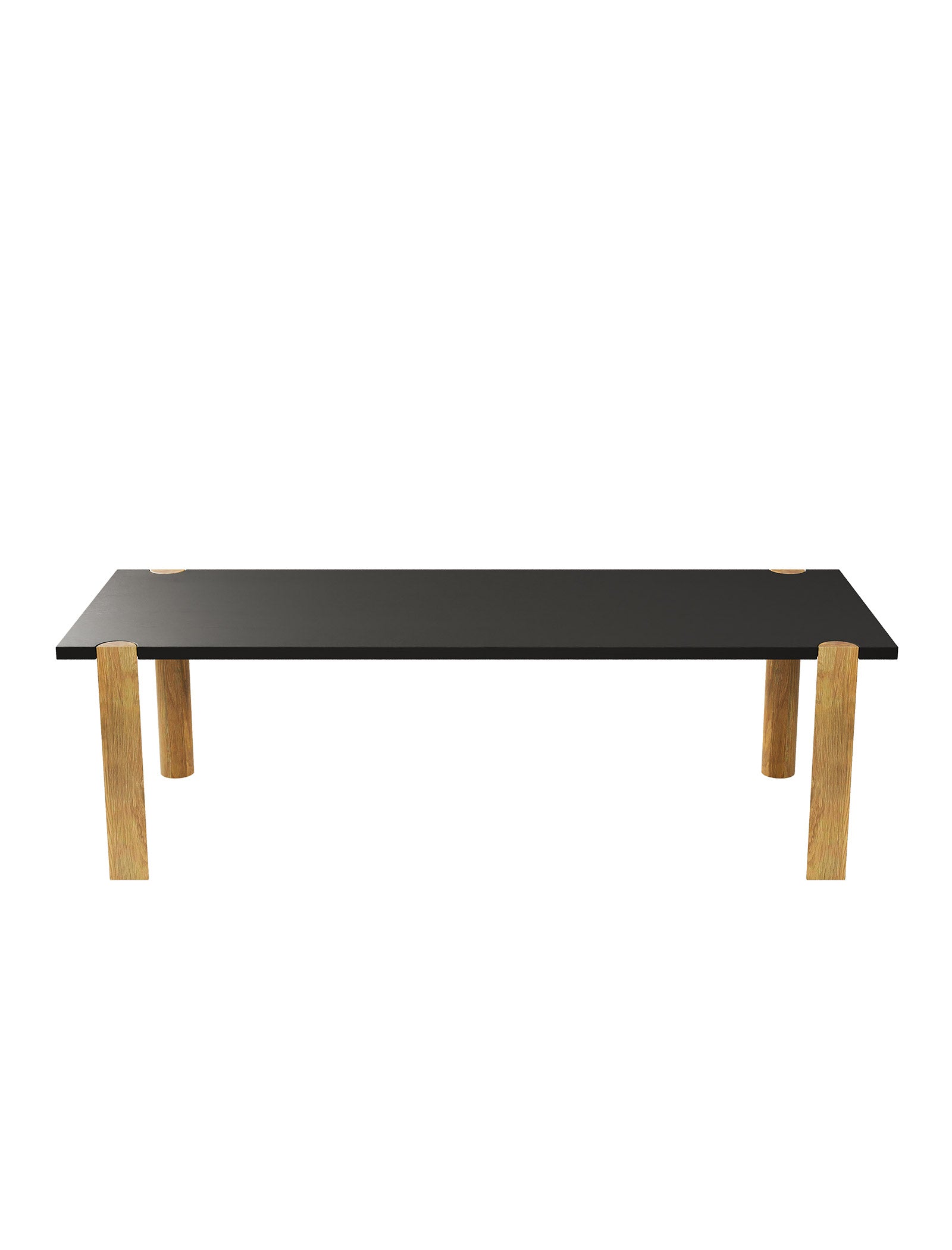EVERYDAY Table – Color with black tabletop and solid wooden halbrund legs showing end grain details
