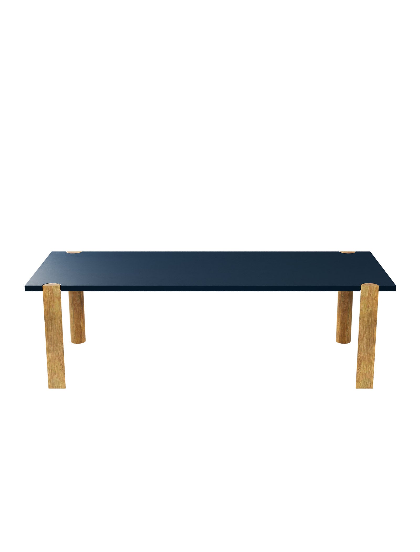 EVERYDAY Table – Color with a navy blue top and solid wood half-round legs showcasing natural wood grain.