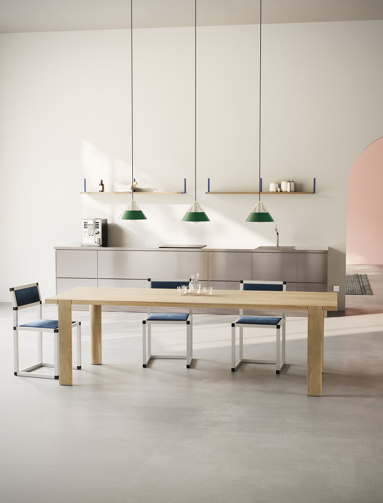 EVERYDAY Table made of solid wood with four rounded legs and a natural wood grain tabletop shown with modern chairs.